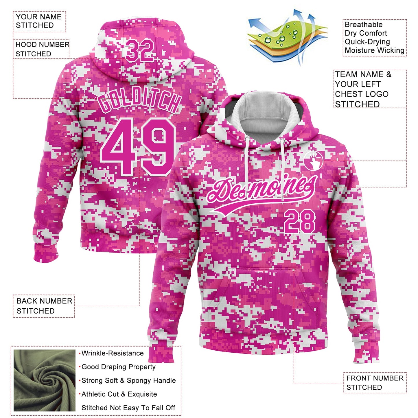 Custom Stitched Camo Deep Pink-White 3D Sports Pullover Sweatshirt Salute To Service Hoodie view 2