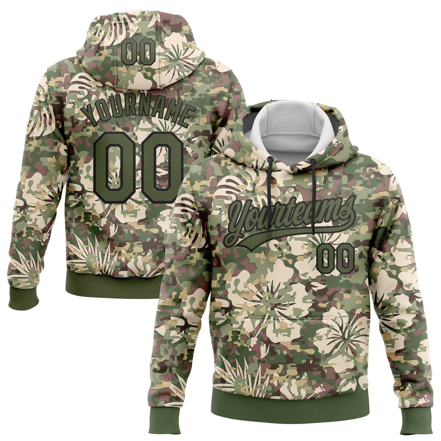 Custom Stitched Camo Olive-Black 3D Hawaii Palm Plant Sports Pullover Sweatshirt Salute To Service Hoodie - Main View