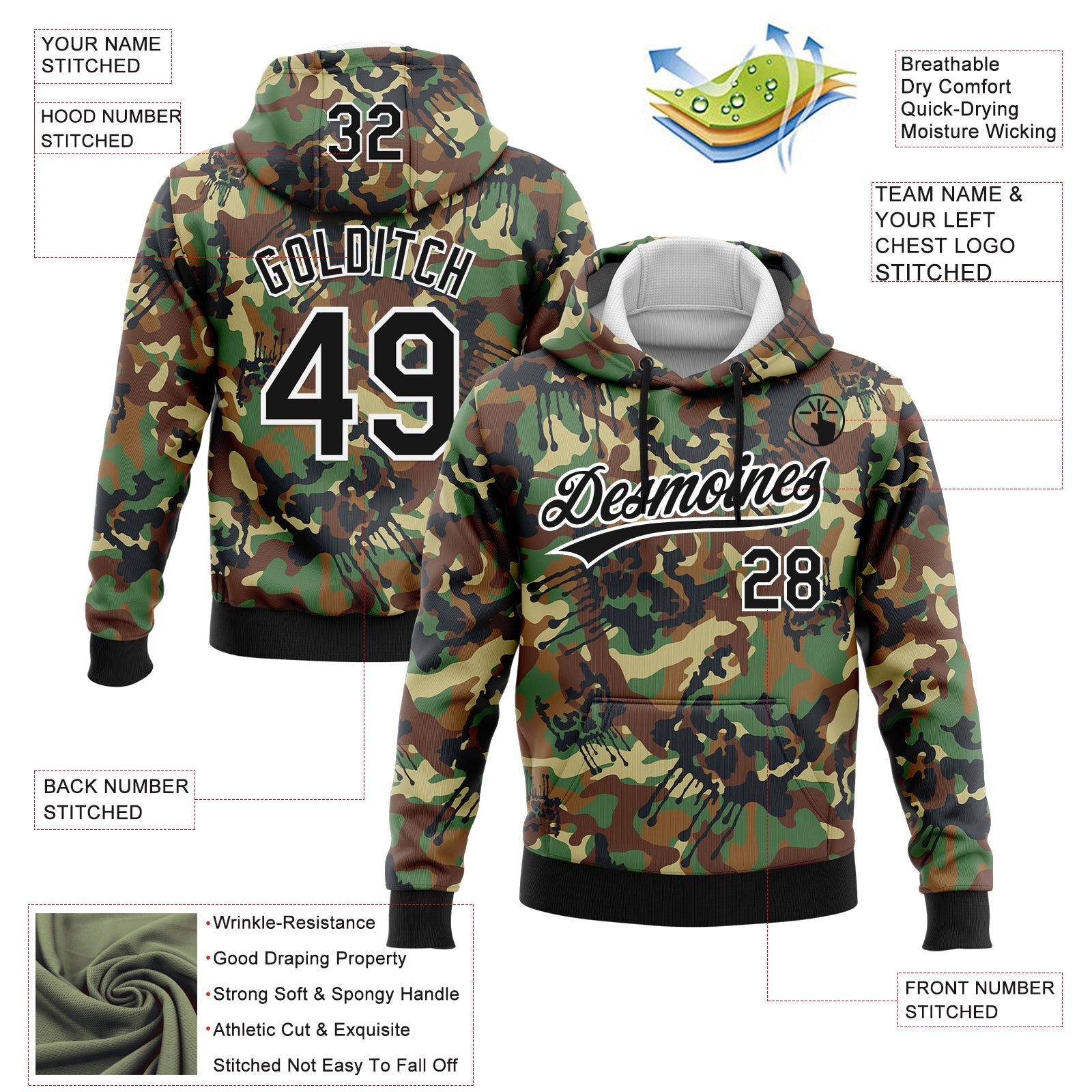 Custom Stitched Camo Black-White 3D Graffiti Drips Sports Pullover Sweatshirt Salute To Service Hoodie view 2
