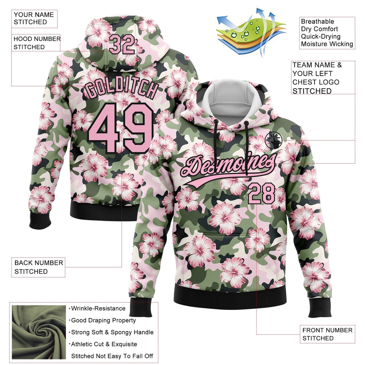 Custom Stitched Camo Light Pink-Black 3D Hibiscus Flower Sports Pullover Sweatshirt Salute To Service Hoodie view 2