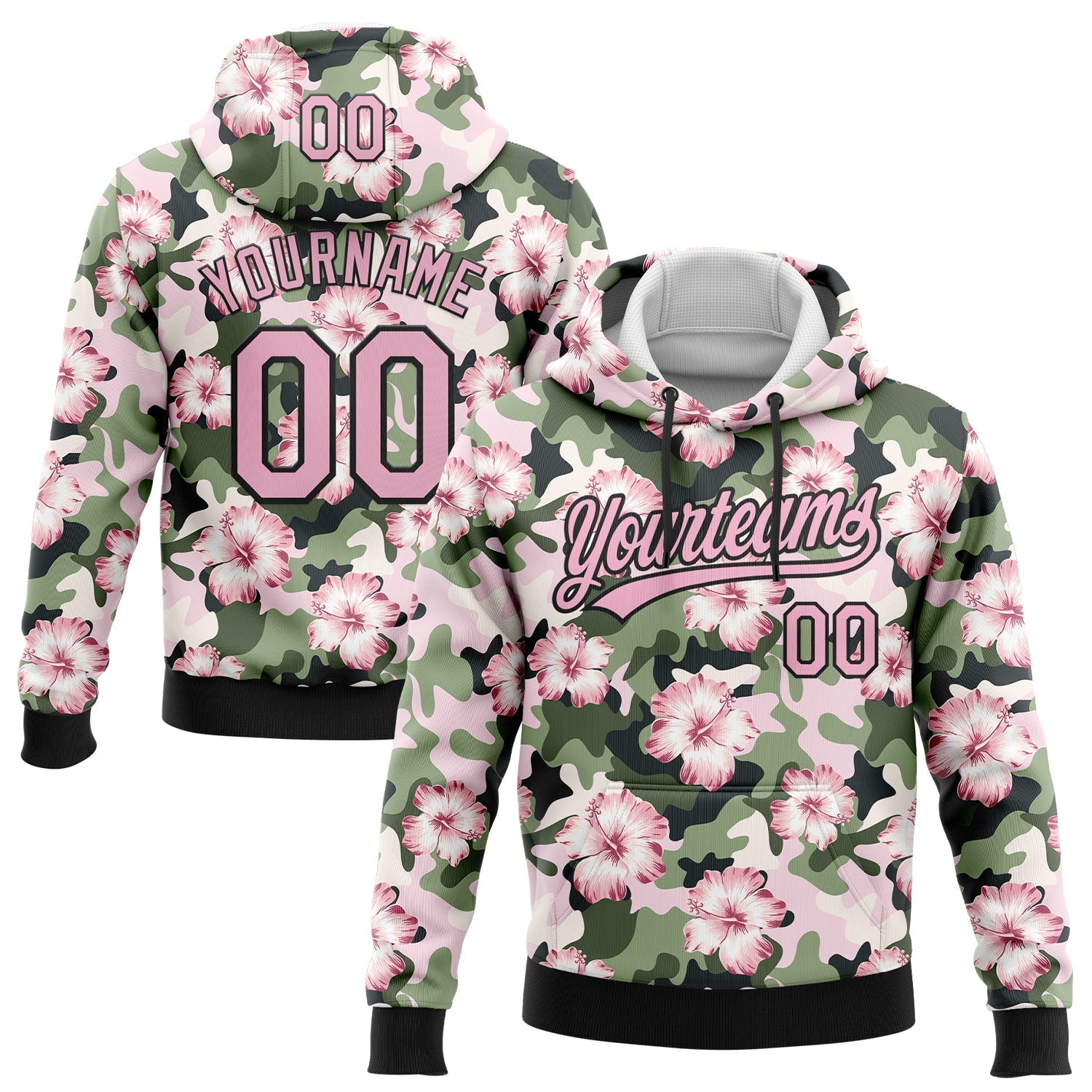 Custom Stitched Camo Light Pink-Black 3D Hibiscus Flower Sports Pullover Sweatshirt Salute To Service Hoodie - Main View