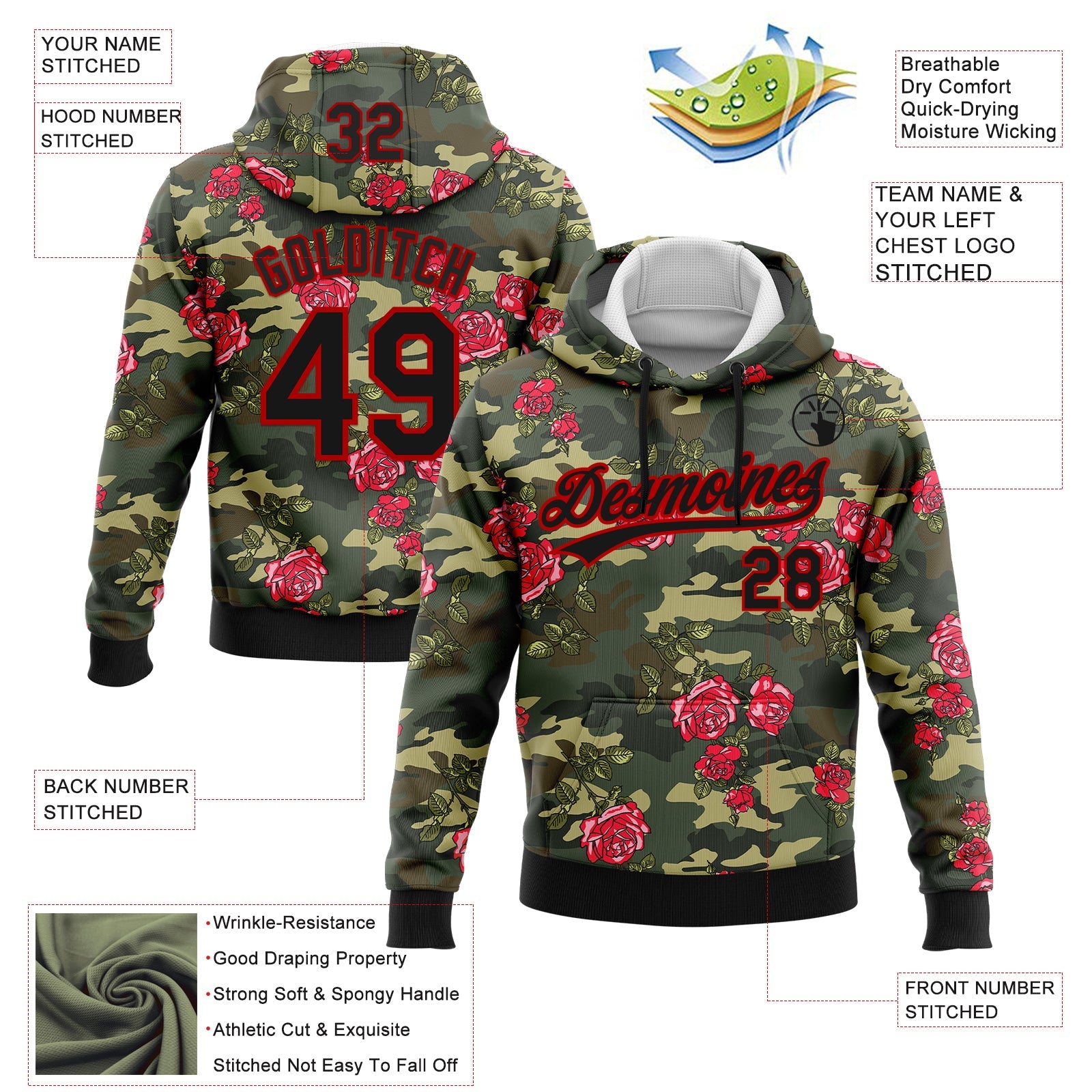 Custom Stitched Camo Black-Red 3D Rose Sports Pullover Sweatshirt Salute To Service Hoodie view 2