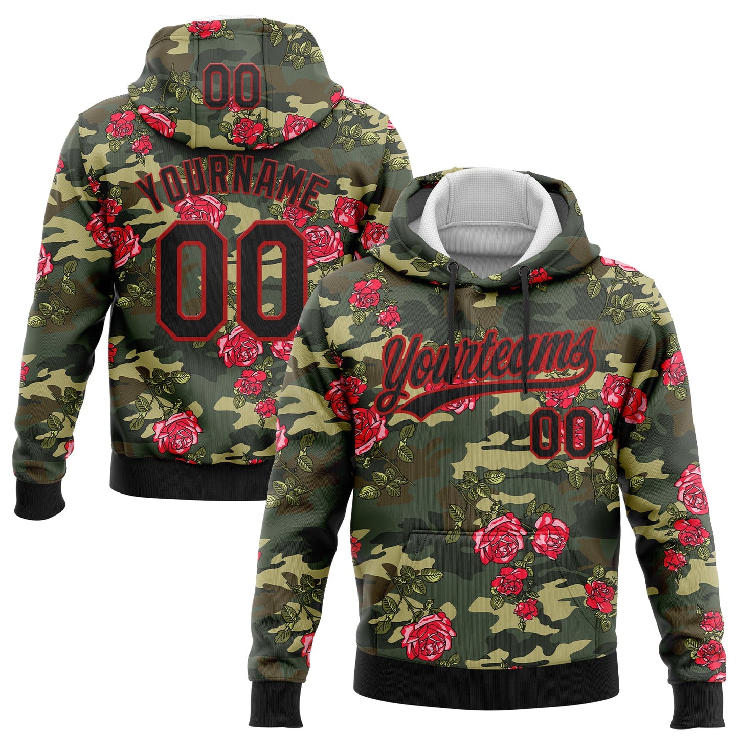 Custom Stitched Camo Black-Red 3D Rose Sports Pullover Sweatshirt Salute To Service Hoodie - Main View