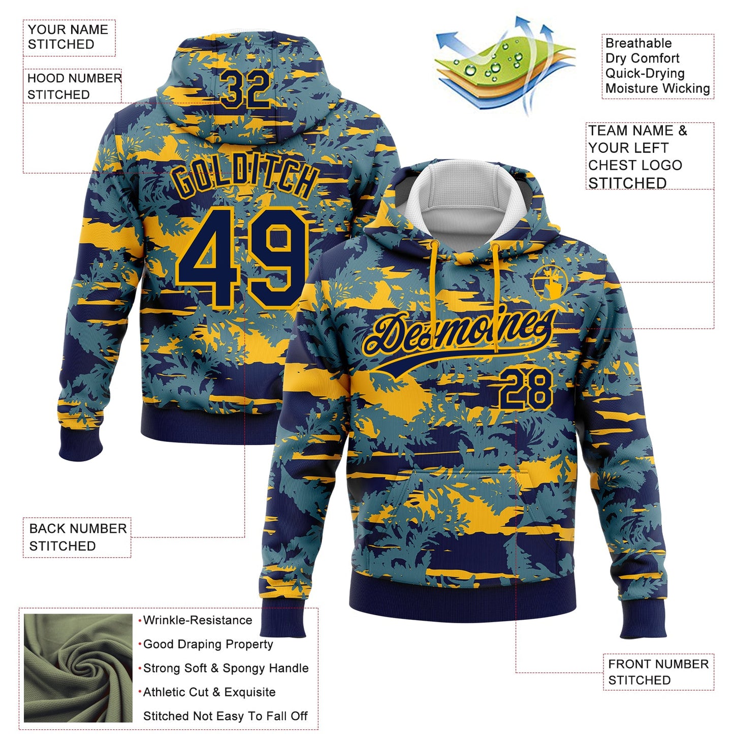 Custom Stitched Navy Gold 3D Pattern Design Thuja Branch Pullover Sweatshirt Hoodie view 2