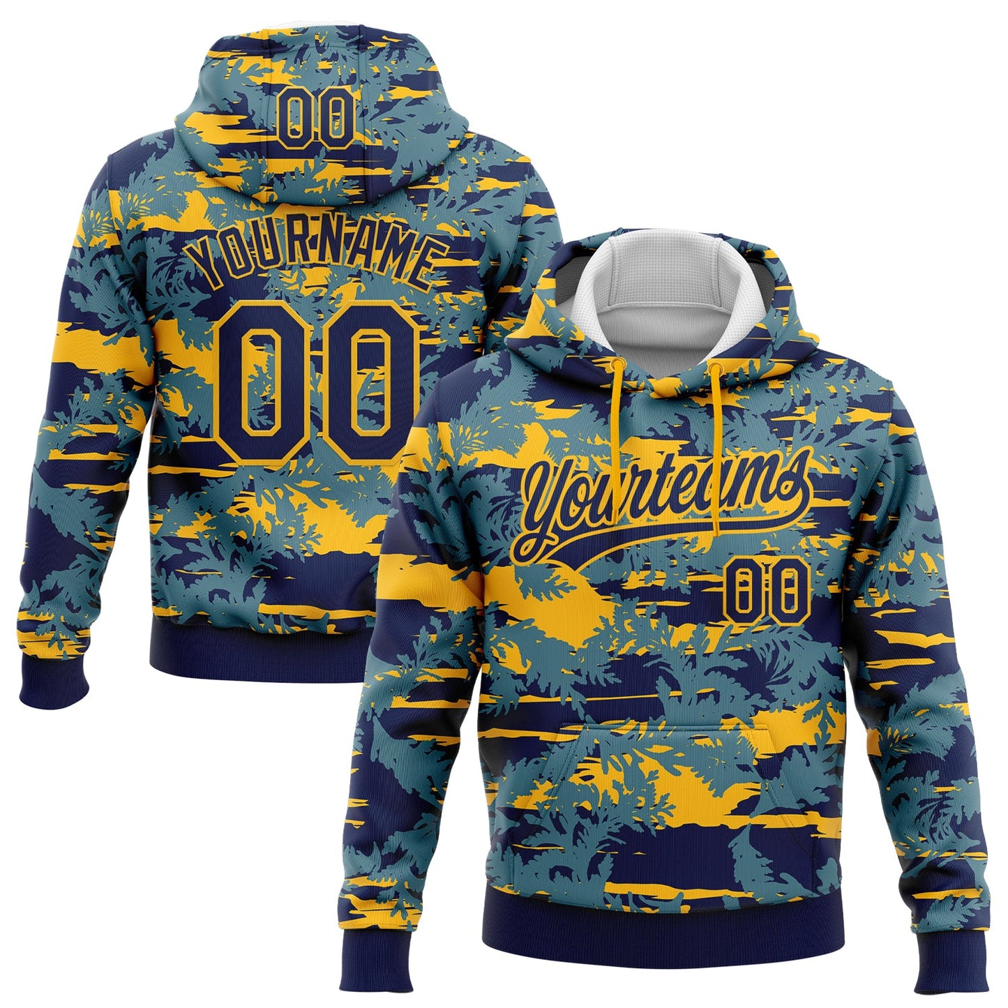 Custom Stitched Navy Gold 3D Pattern Design Thuja Branch Pullover Sweatshirt Hoodie - Main View
