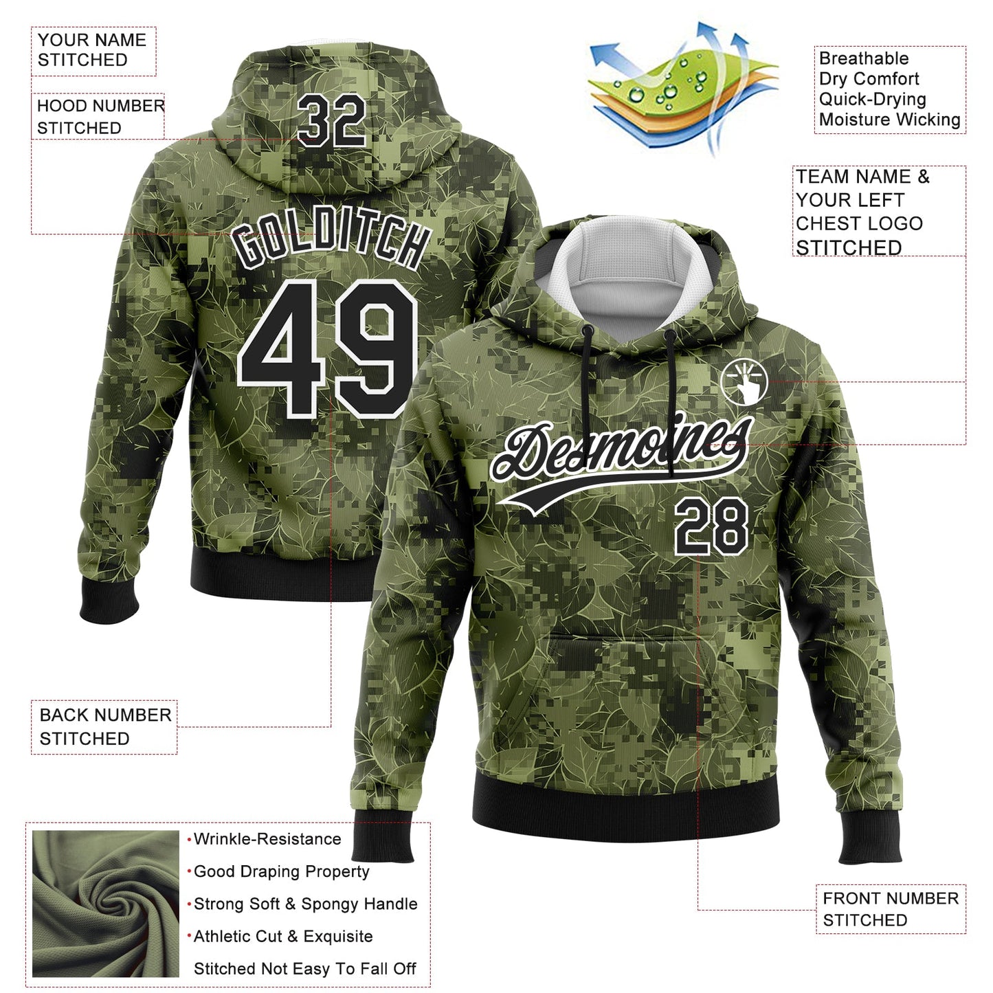 Custom Stitched Camo Black-White 3D Leaves Sports Pullover Sweatshirt Salute To Service Hoodie view 2
