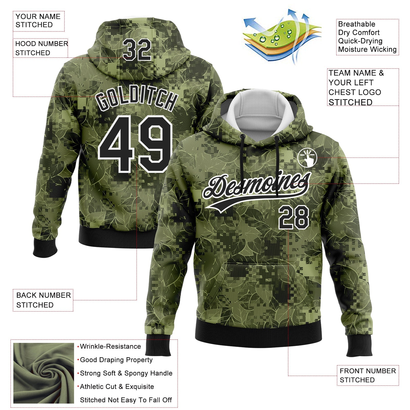 Custom Stitched Camo Black-White 3D Leaves Sports Pullover Sweatshirt Salute To Service Hoodie view 2
