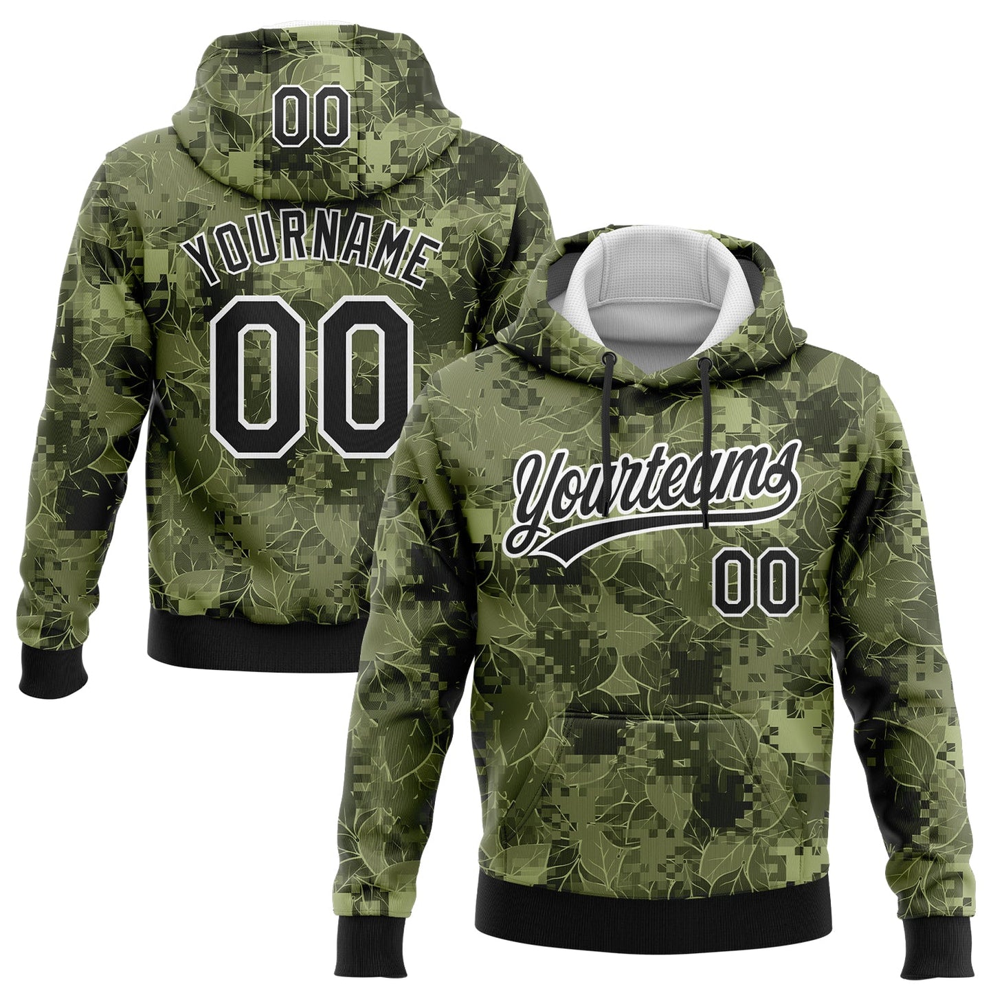 Custom Stitched Camo Black-White 3D Leaves Sports Pullover Sweatshirt Salute To Service Hoodie - Main View