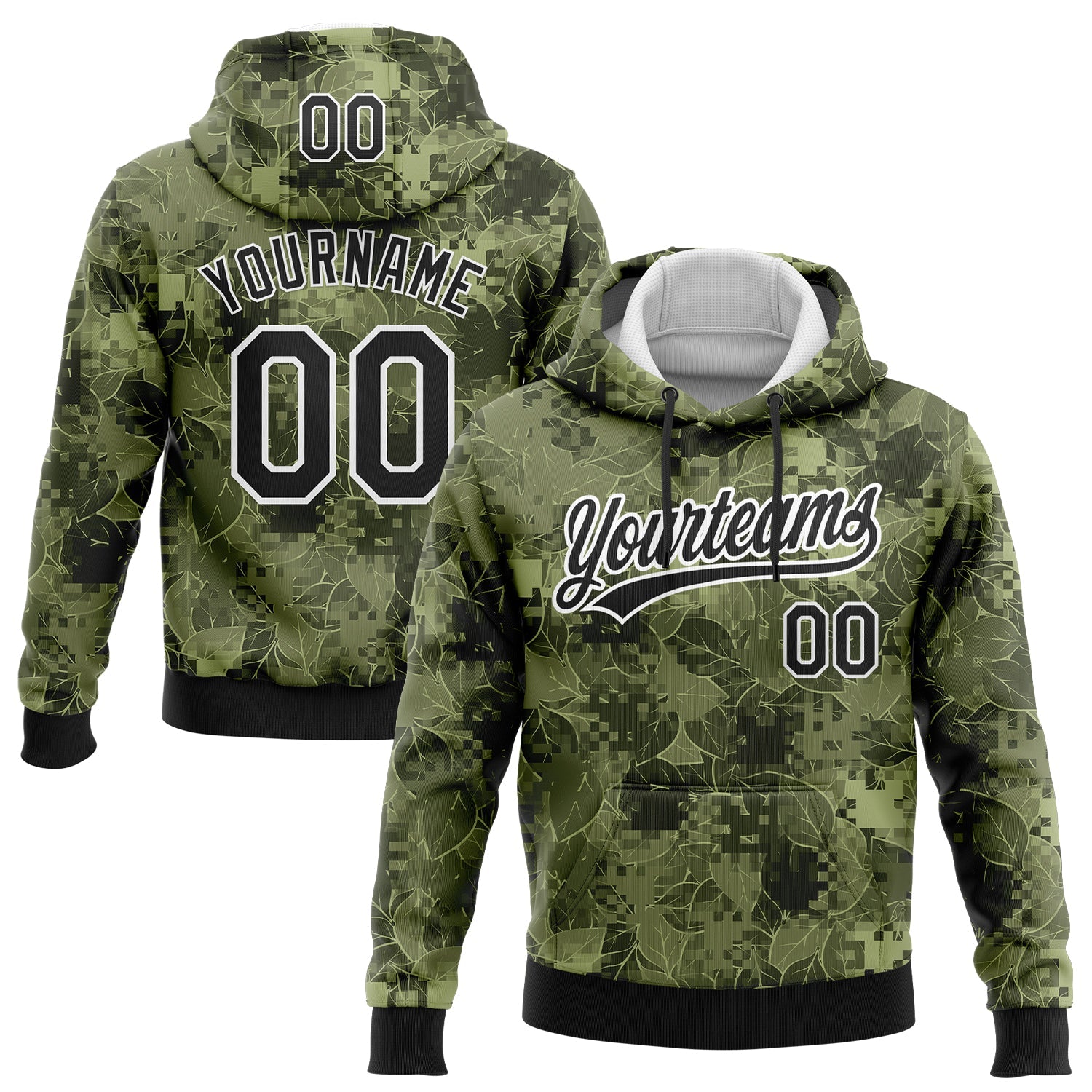 Custom Stitched Camo Black-White 3D Leaves Sports Pullover Sweatshirt Salute To Service Hoodie - Main View