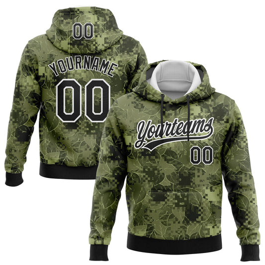Custom Stitched Camo Black-White 3D Leaves Sports Pullover Sweatshirt Salute To Service Hoodie - Main View
