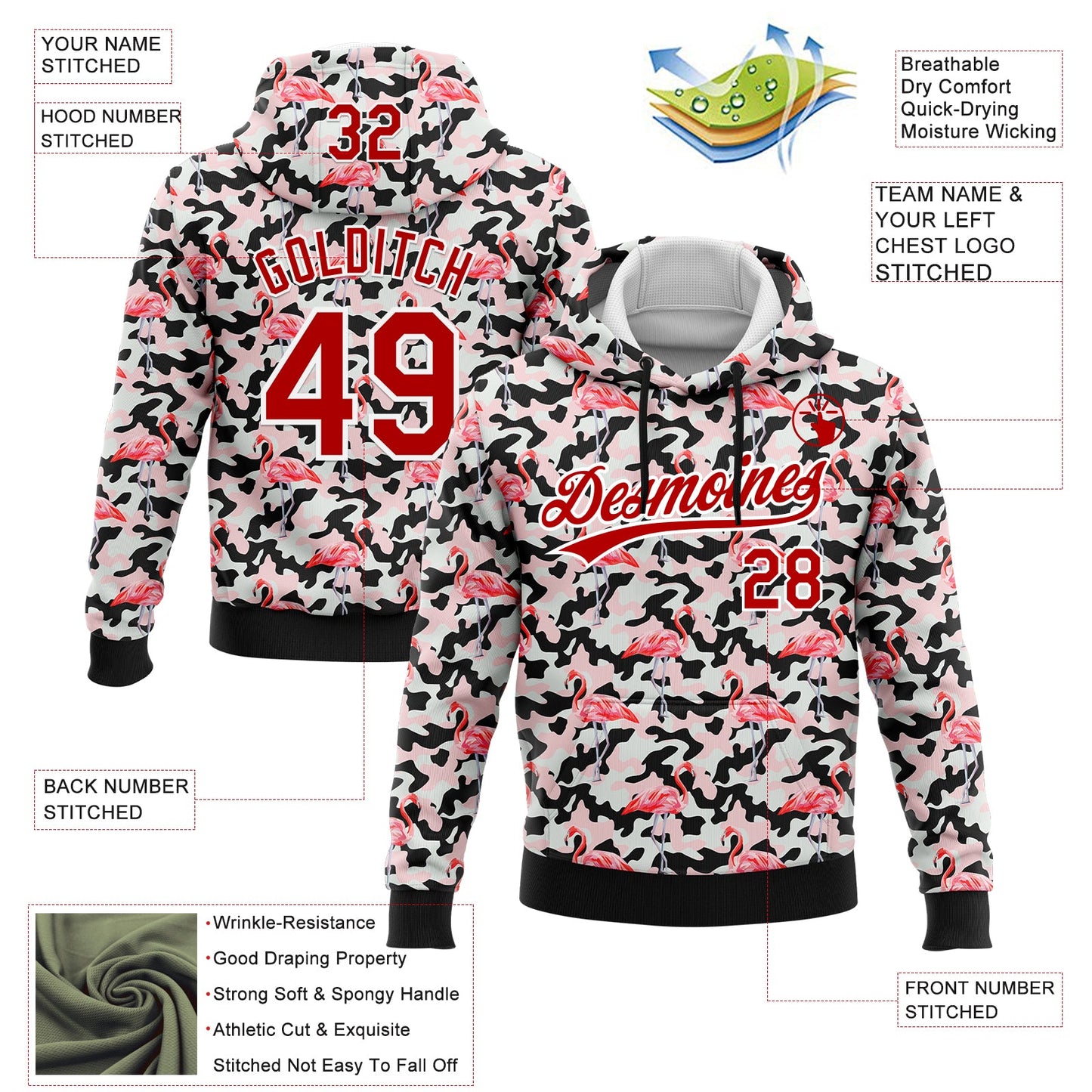 Custom Stitched Camo Red-White 3D Flamingo Sports Pullover Sweatshirt Salute To Service Hoodie view 2