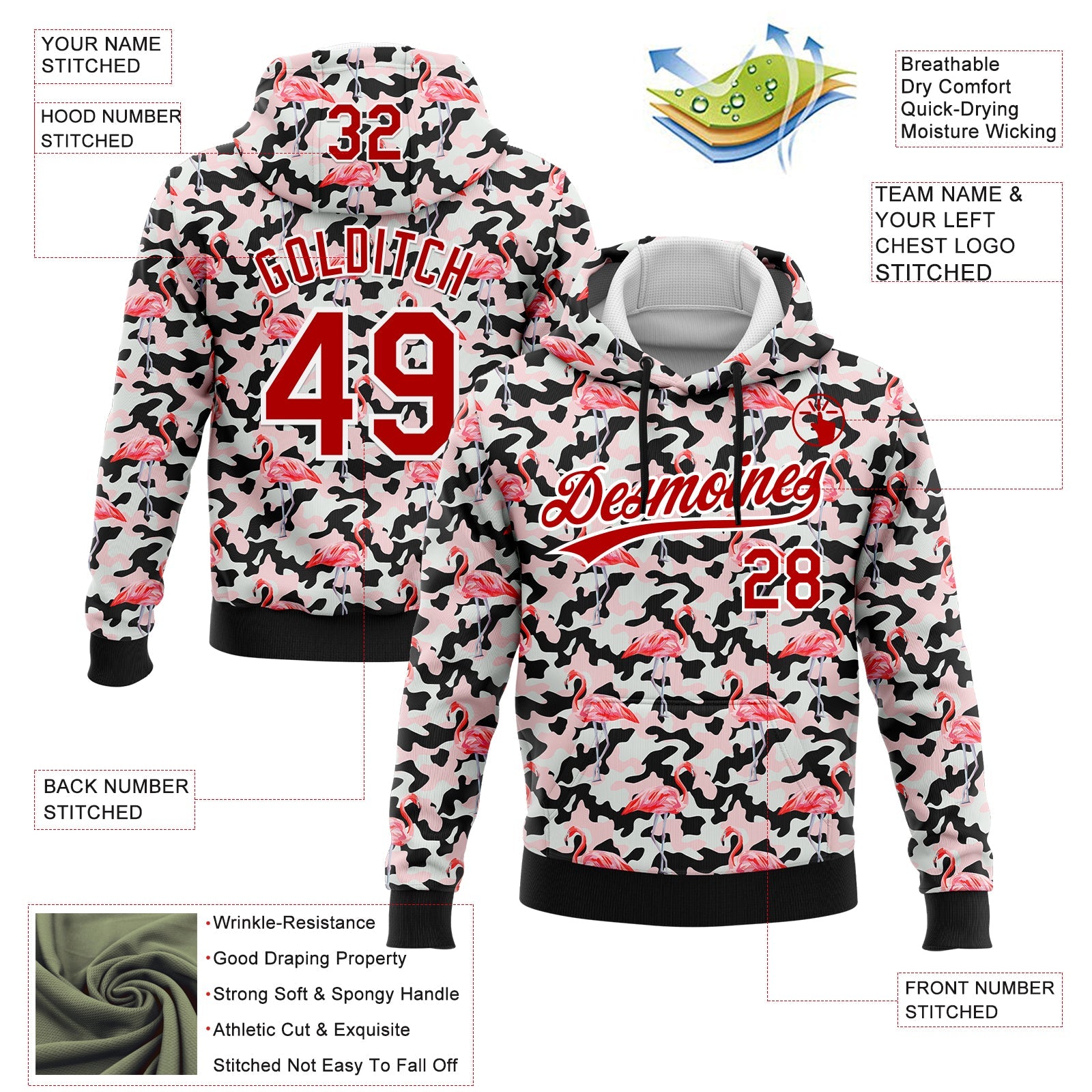 Custom Stitched Camo Red-White 3D Flamingo Sports Pullover Sweatshirt Salute To Service Hoodie view 2
