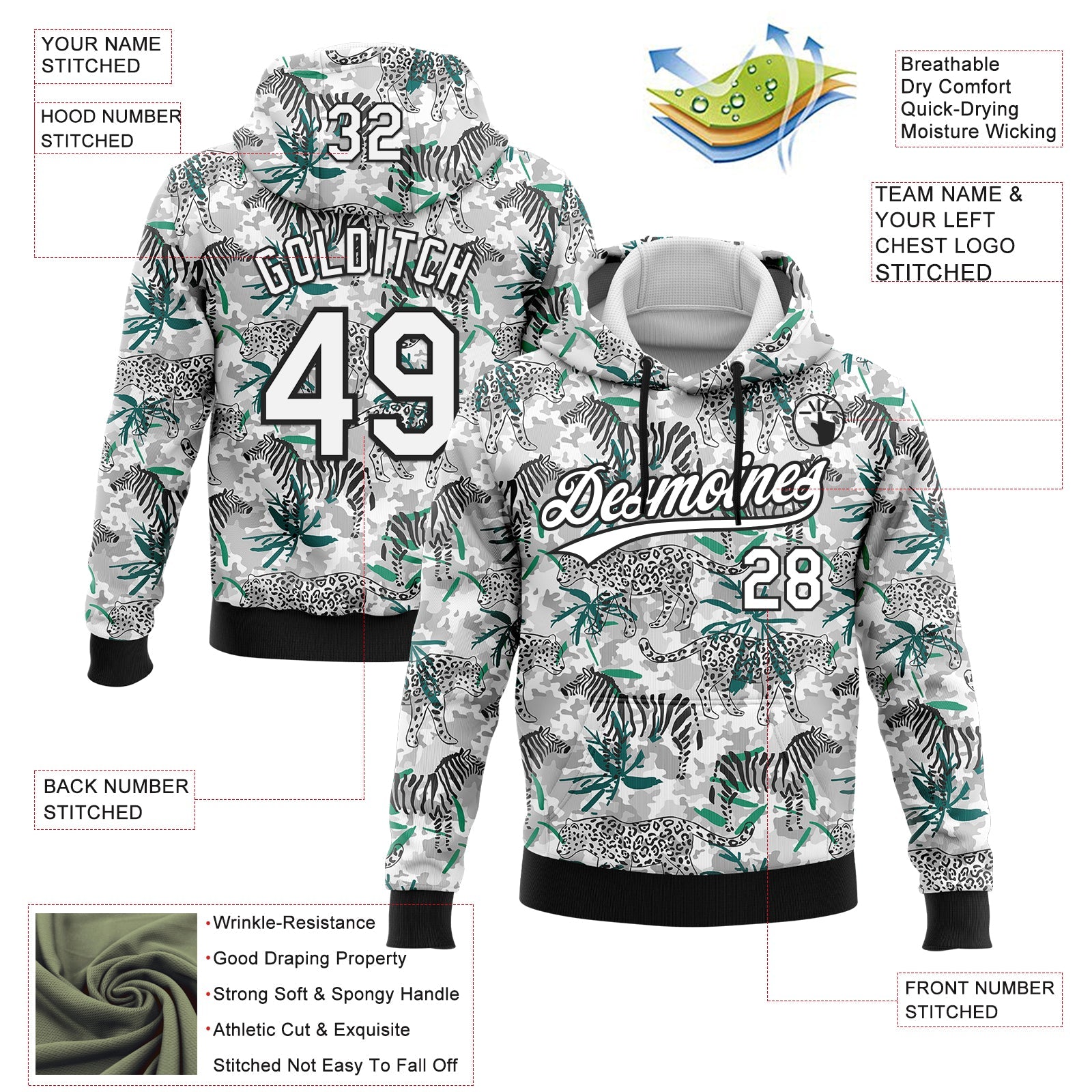 Custom Stitched Camo White-Black 3D Tropical Jungle Animal Sports Pullover Sweatshirt Salute To Service Hoodie view 2
