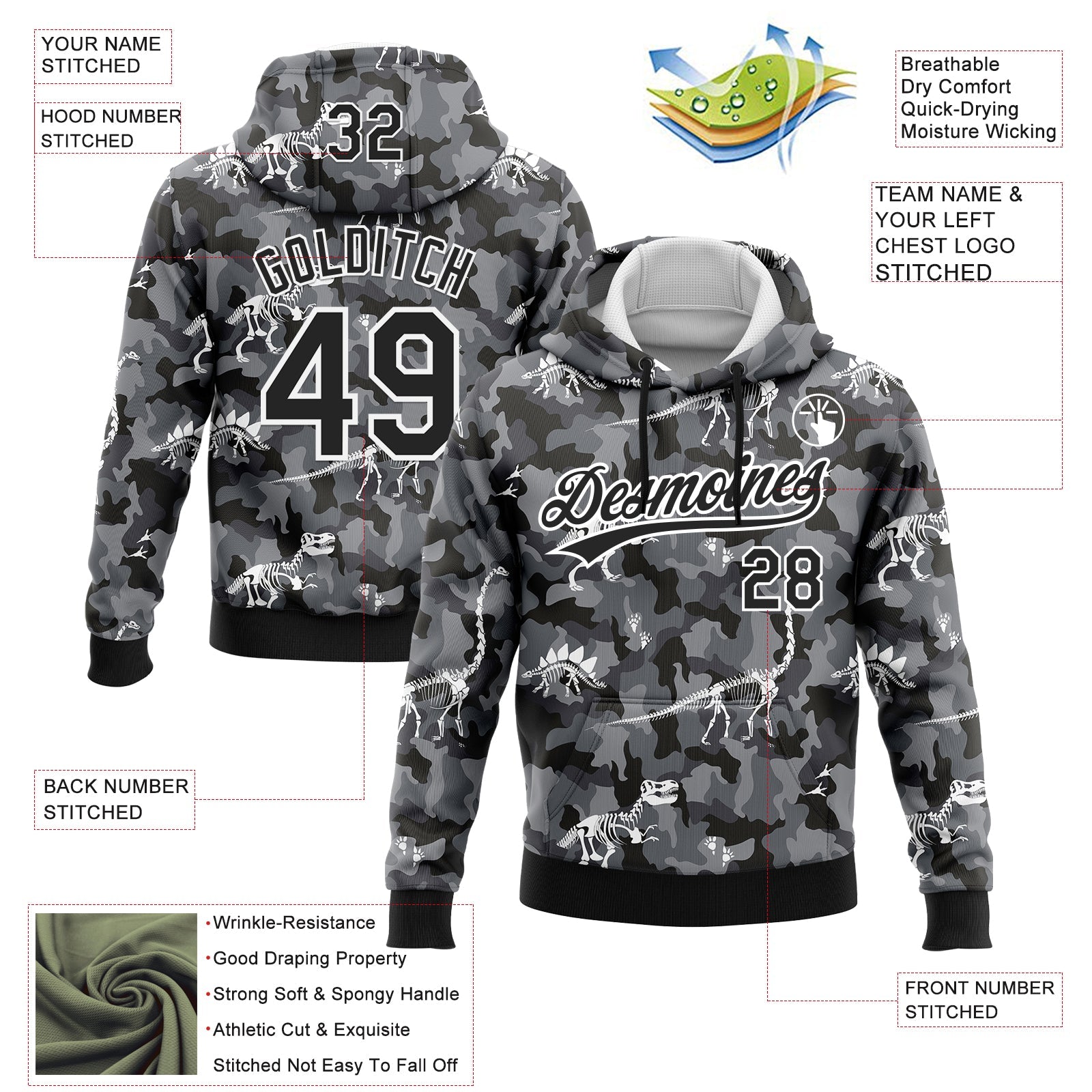 Custom Stitched Camo Black-White 3D Dinosaur Sports Pullover Sweatshirt Salute To Service Hoodie view 2