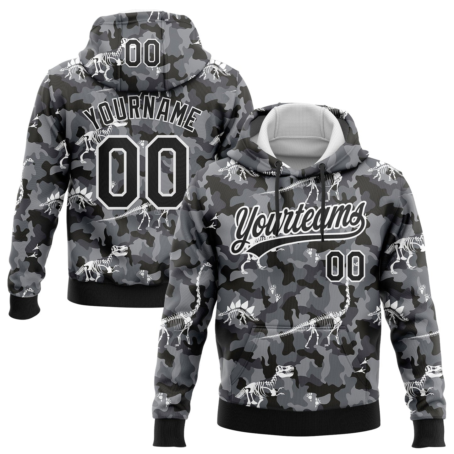 Custom Stitched Camo Black-White 3D Dinosaur Sports Pullover Sweatshirt Salute To Service Hoodie - Main View