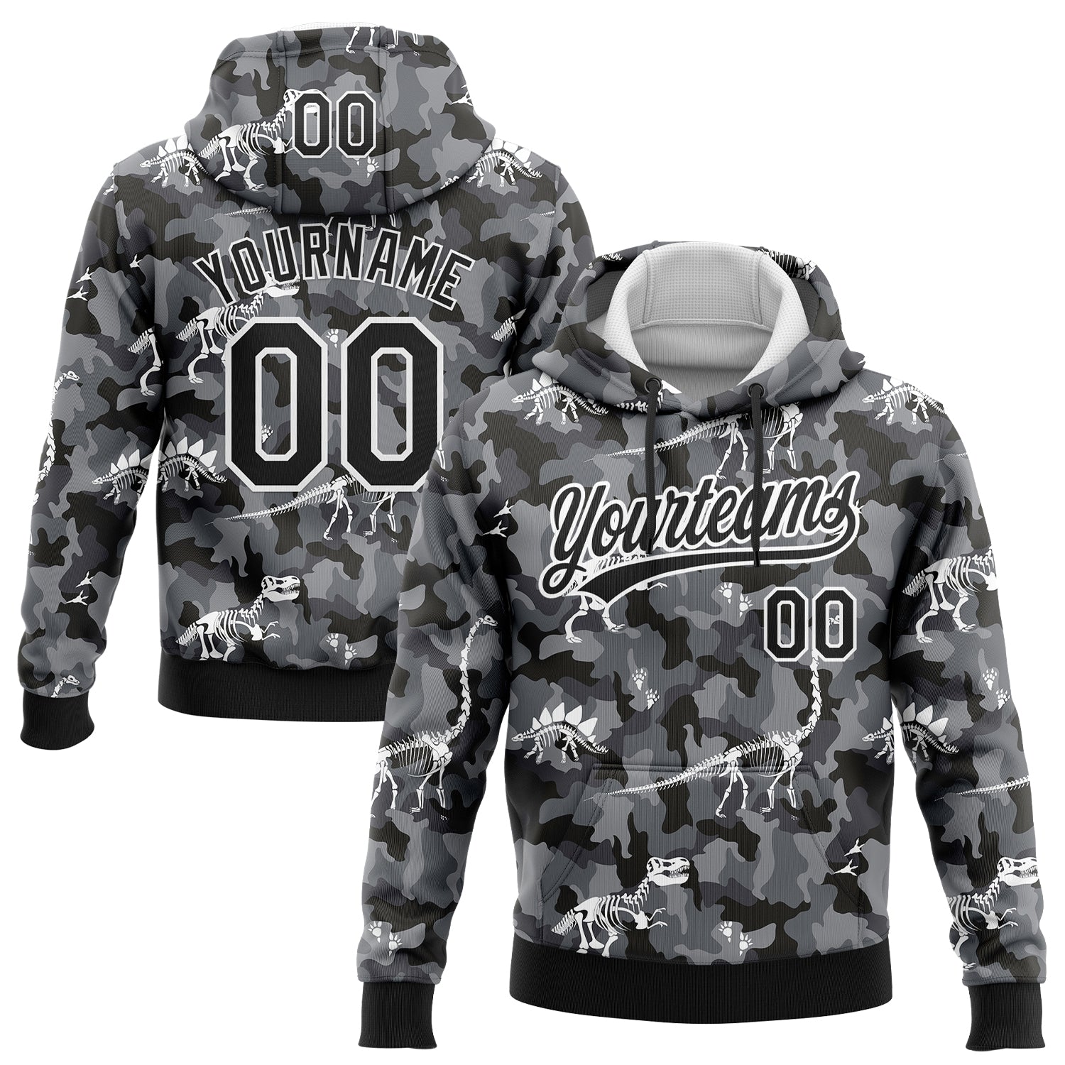 Custom Stitched Camo Black-White 3D Dinosaur Sports Pullover Sweatshirt Salute To Service Hoodie - Main View