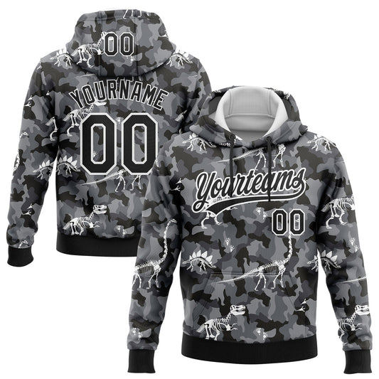Custom Stitched Camo Black-White 3D Dinosaur Sports Pullover Sweatshirt Salute To Service Hoodie - Main View