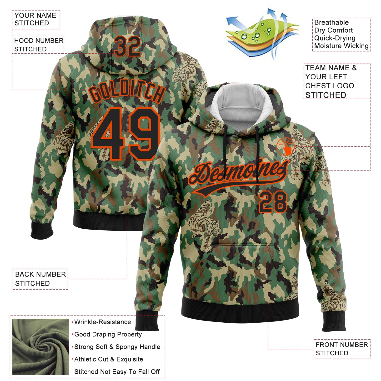 Custom Stitched Camo Black-Orange 3D Animal Tiger Sports Pullover Sweatshirt Salute To Service Hoodie view 2