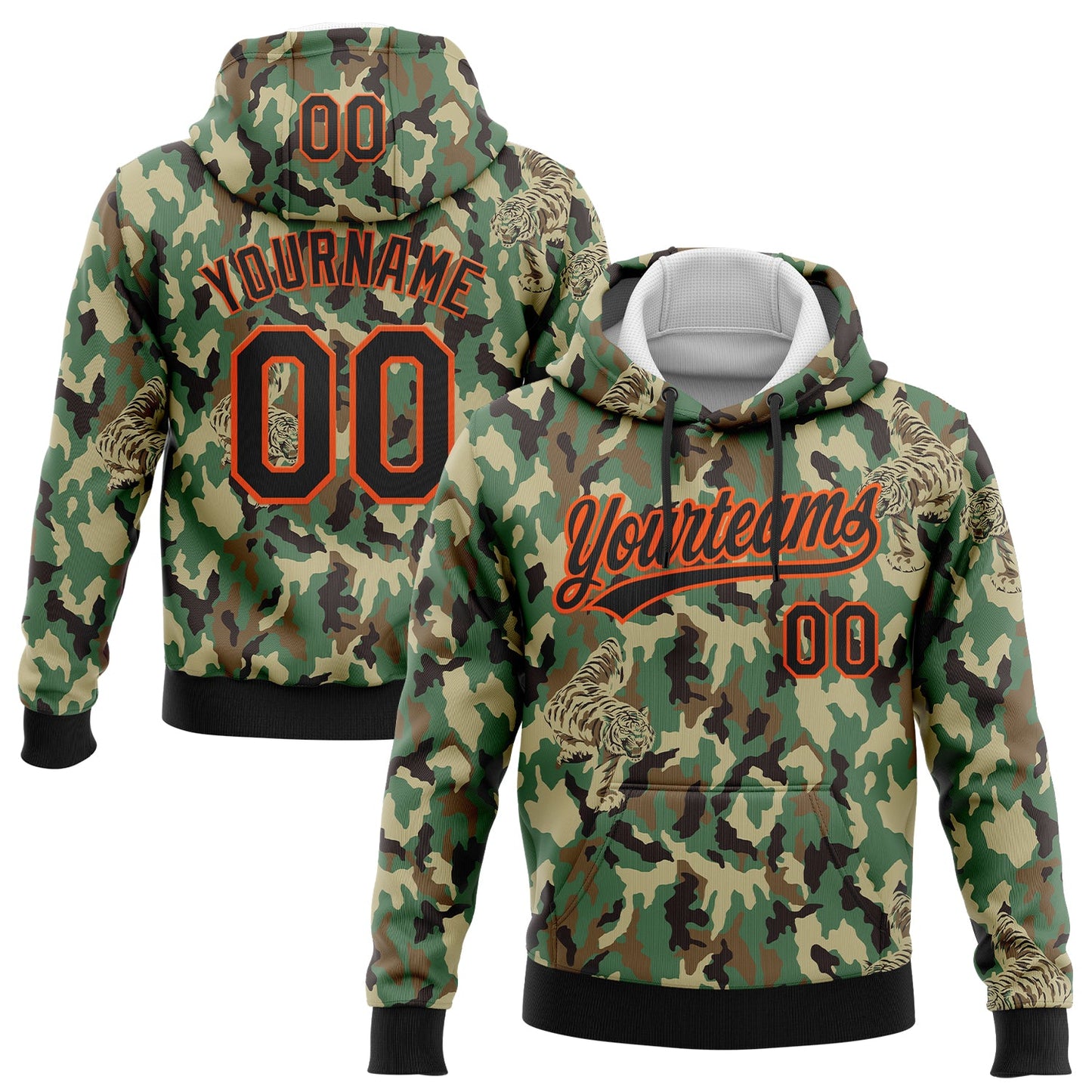 Custom Stitched Camo Black-Orange 3D Animal Tiger Sports Pullover Sweatshirt Salute To Service Hoodie - Main View