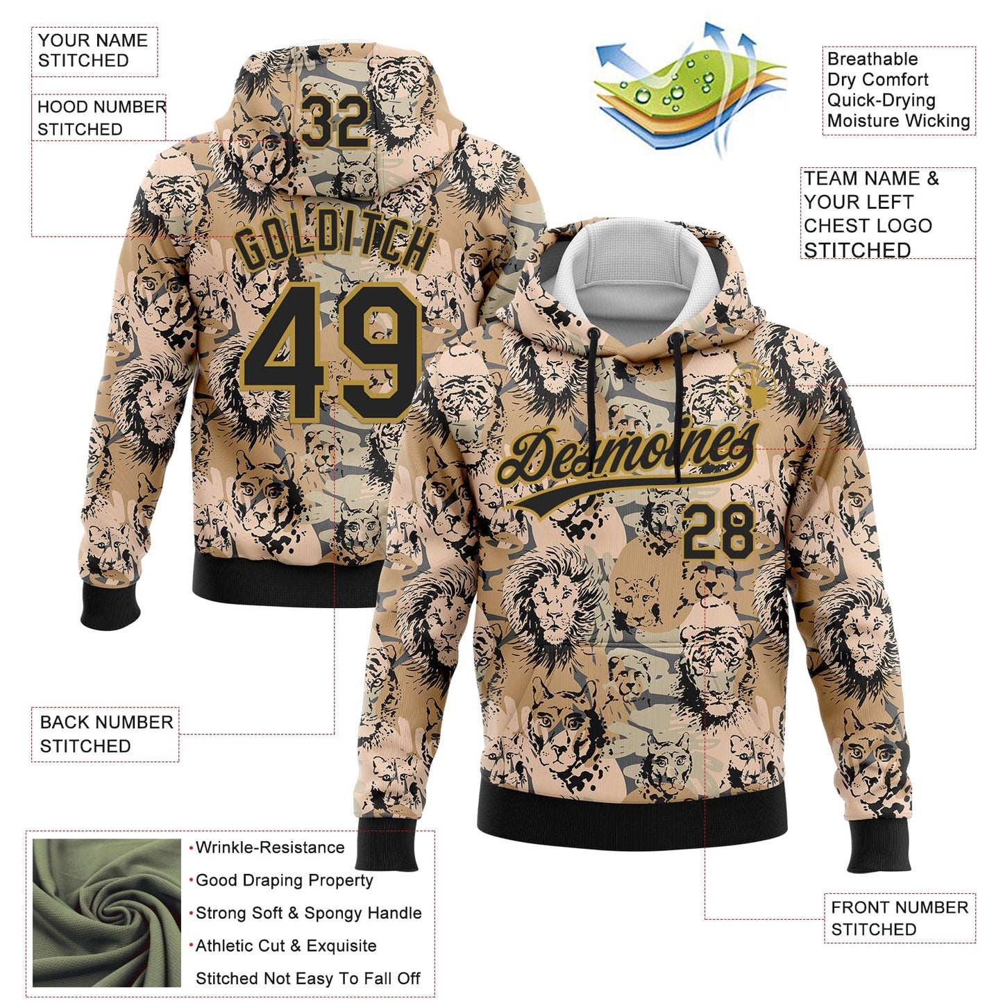 Custom Stitched Camo Black-Old Gold 3D Animal Lion And Tiger Sports Pullover Sweatshirt Salute To Service Hoodie view 2