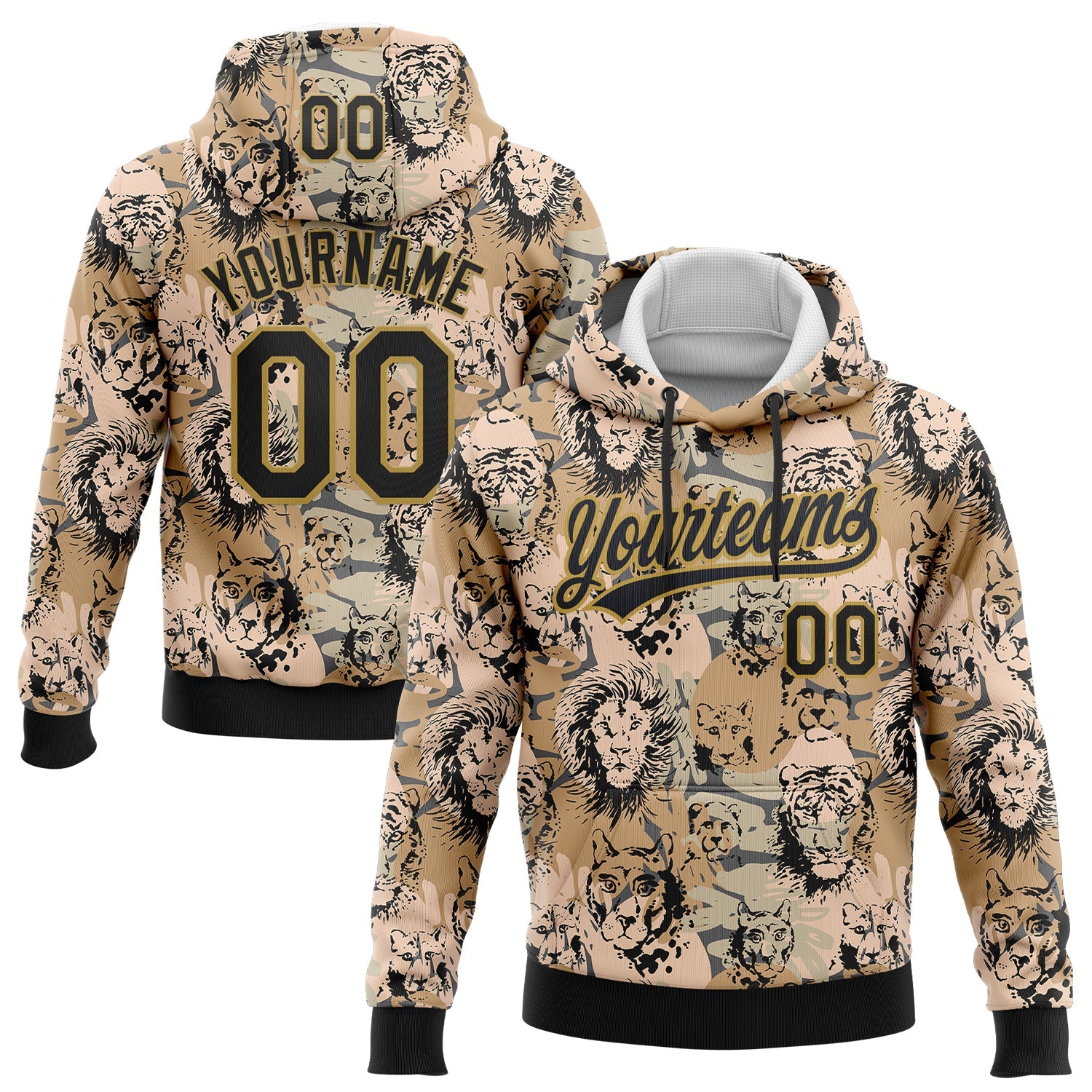 Custom Stitched Camo Black-Old Gold 3D Animal Lion And Tiger Sports Pullover Sweatshirt Salute To Service Hoodie - Main View