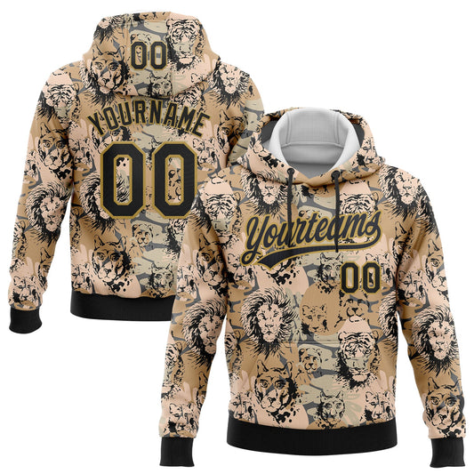 Custom Stitched Camo Black-Old Gold 3D Animal Lion And Tiger Sports Pullover Sweatshirt Salute To Service Hoodie - Main View