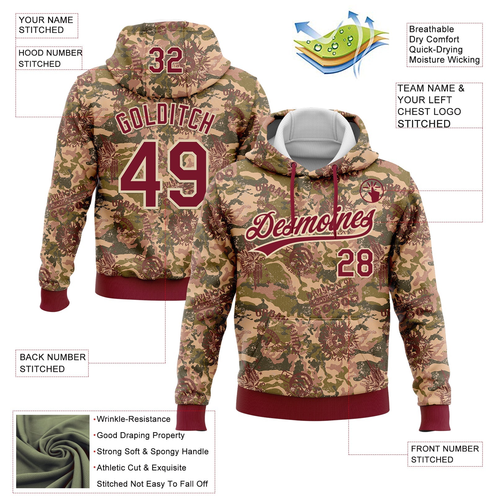 Custom Stitched Camo Crimson-Cream 3D Military Badge Sports Pullover Sweatshirt Salute To Service Hoodie view 2