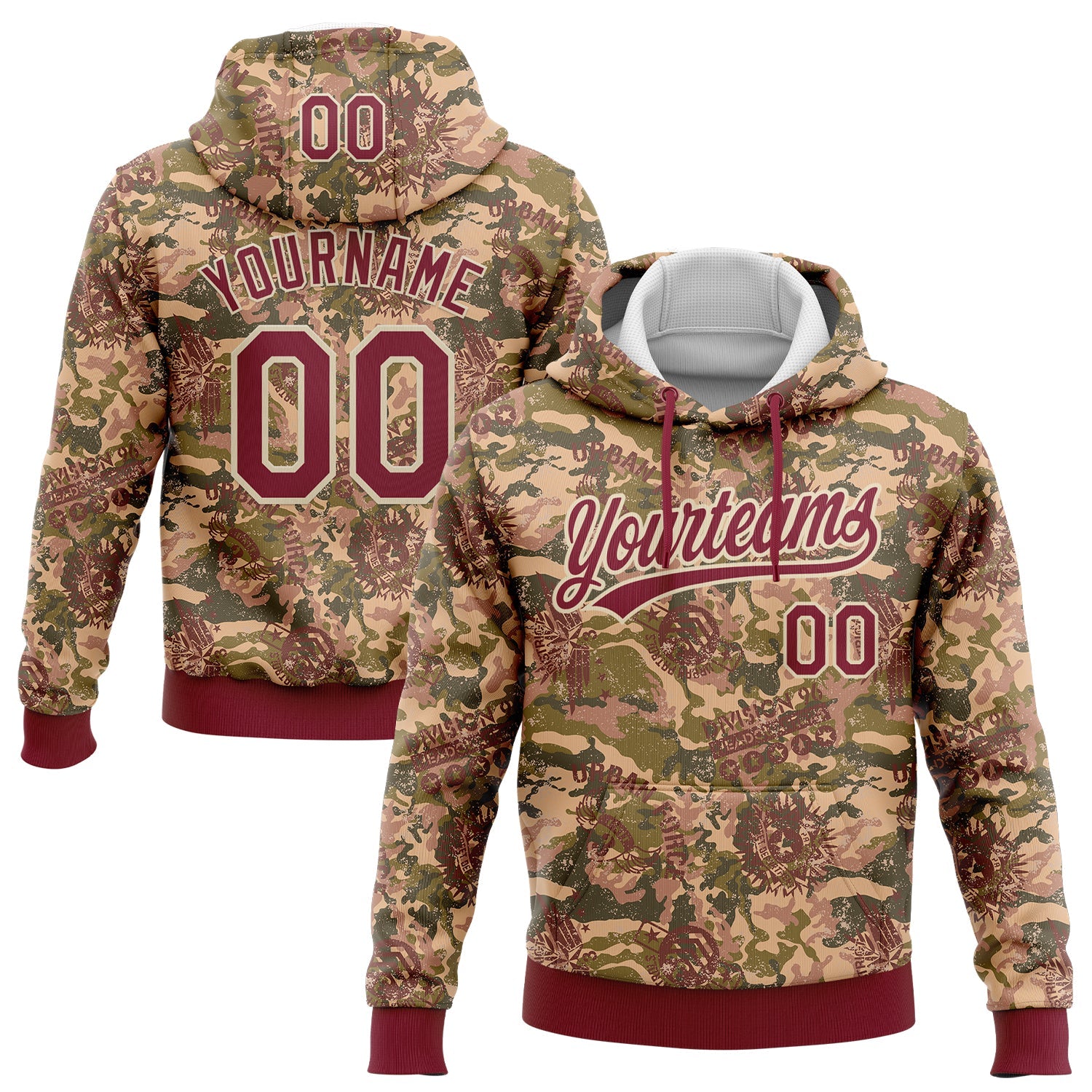Custom Stitched Camo Crimson-Cream 3D Military Badge Sports Pullover Sweatshirt Salute To Service Hoodie - Main View