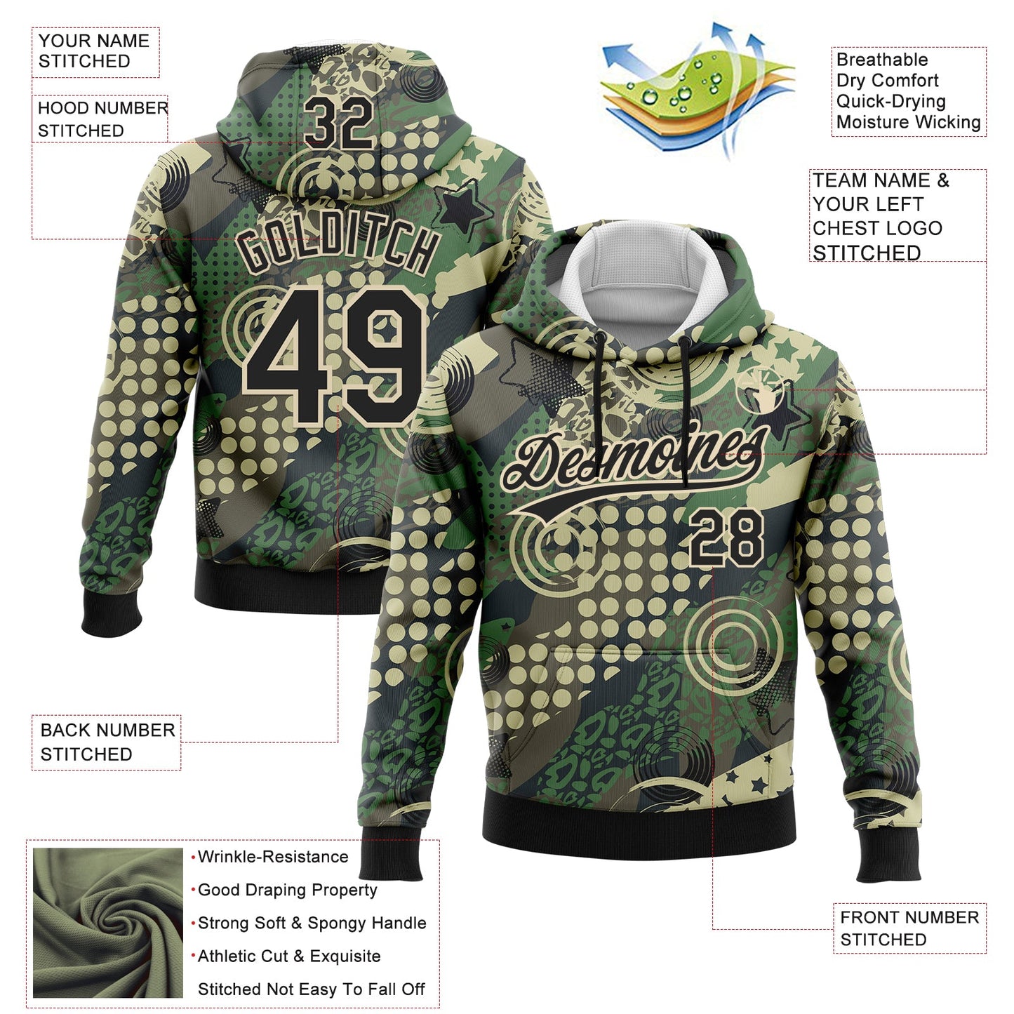 Custom Stitched Camo Black-Cream 3D Dots And Geometric Figures Sports Pullover Sweatshirt Salute To Service Hoodie view 2