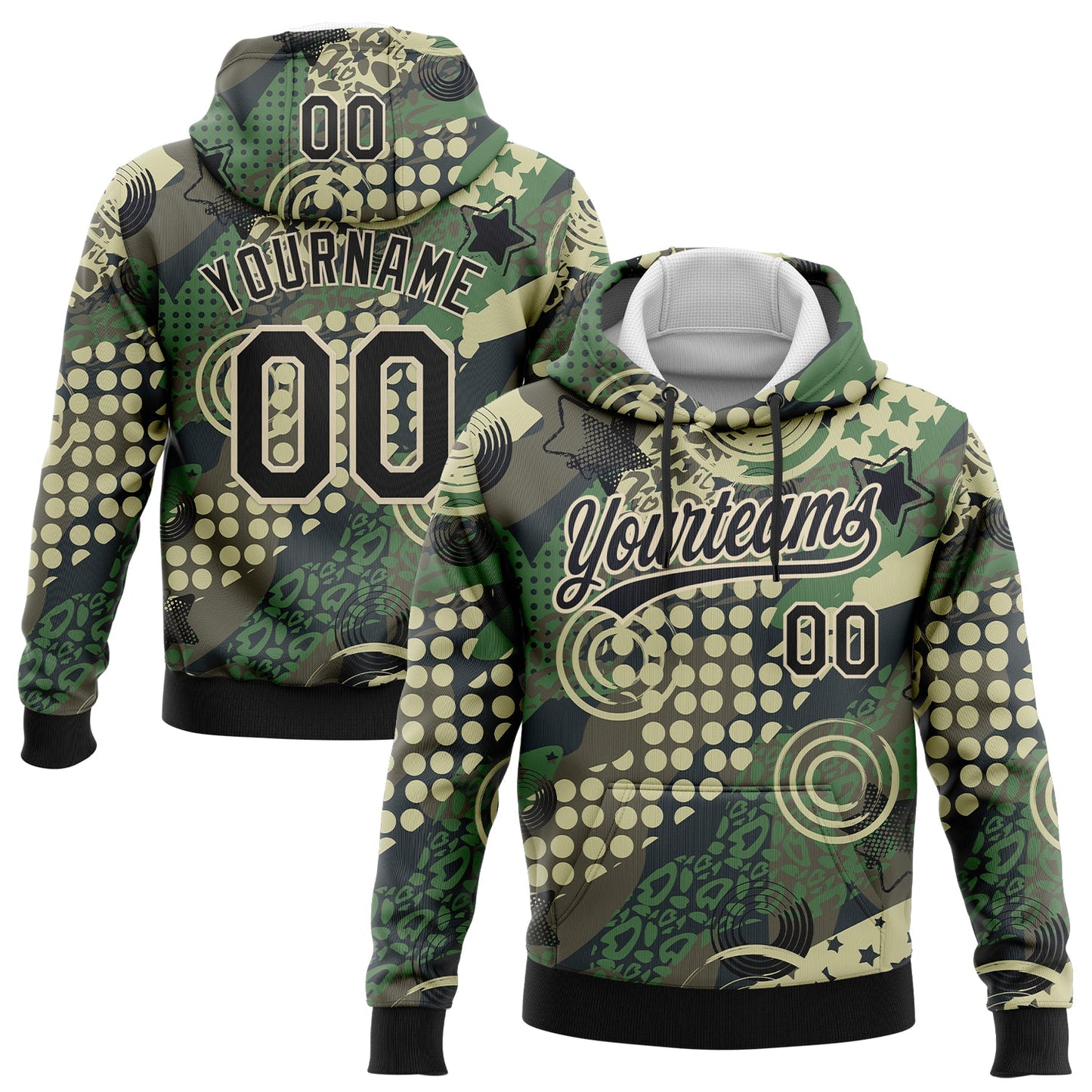 Custom Stitched Camo Black-Cream 3D Dots And Geometric Figures Sports Pullover Sweatshirt Salute To Service Hoodie - Main View