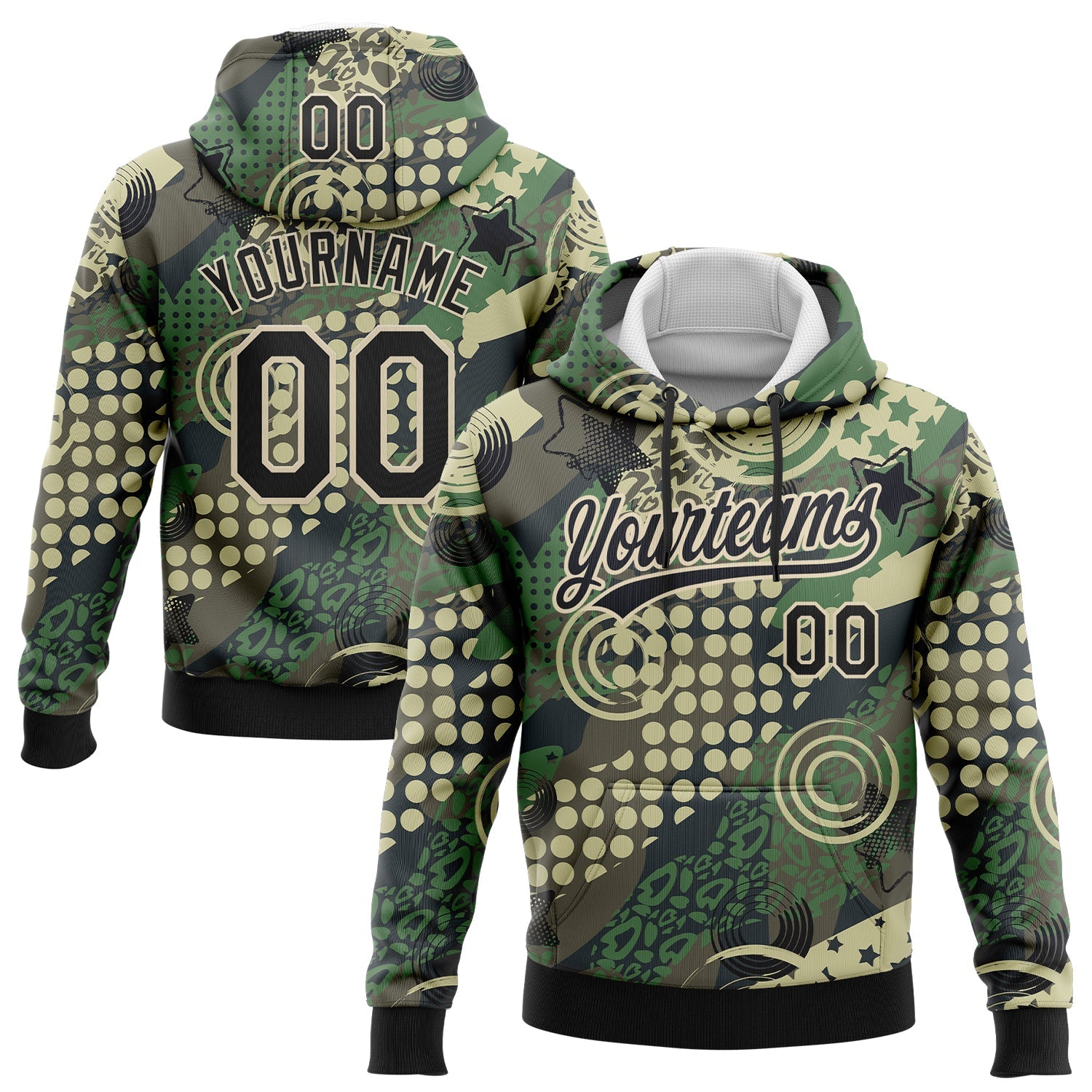Custom Stitched Camo Black-Cream 3D Dots And Geometric Figures Sports Pullover Sweatshirt Salute To Service Hoodie - Main View