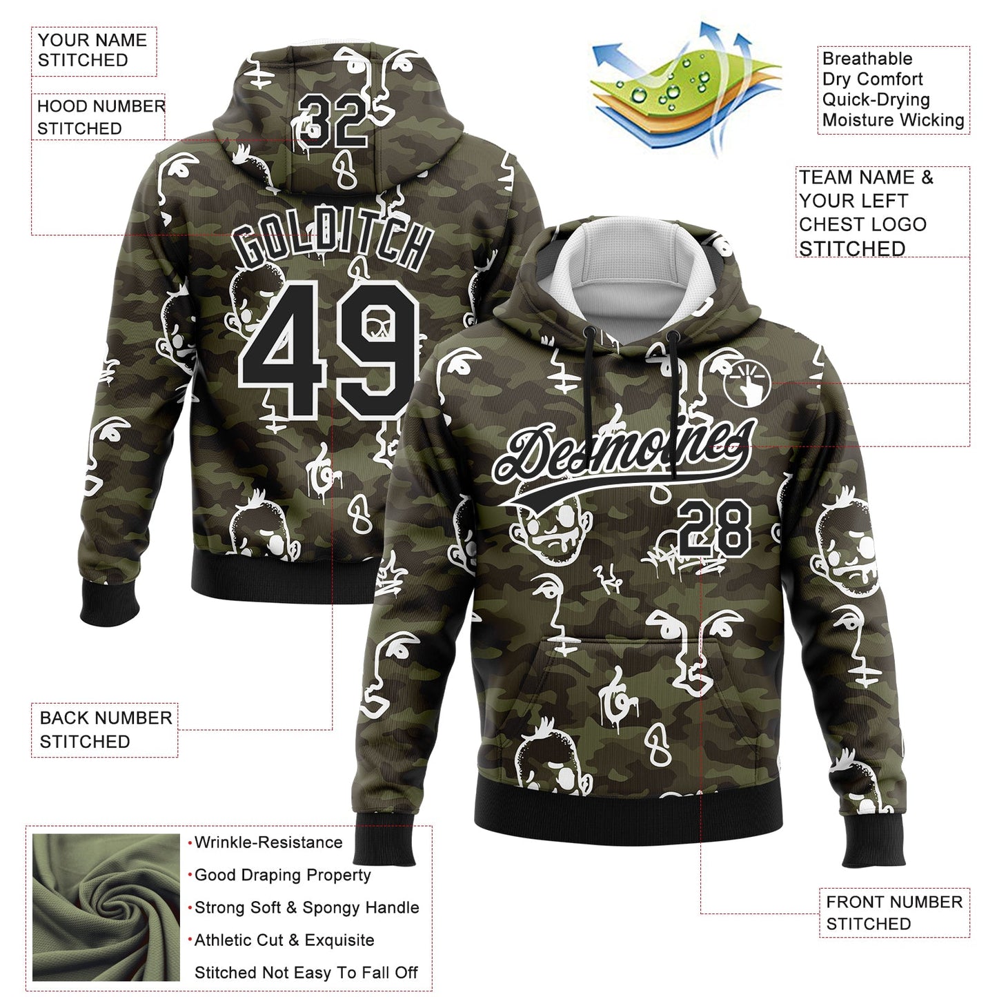 Custom Stitched Camo Black-White 3D Hand Painted Face Sports Pullover Sweatshirt Salute To Service Hoodie view 2
