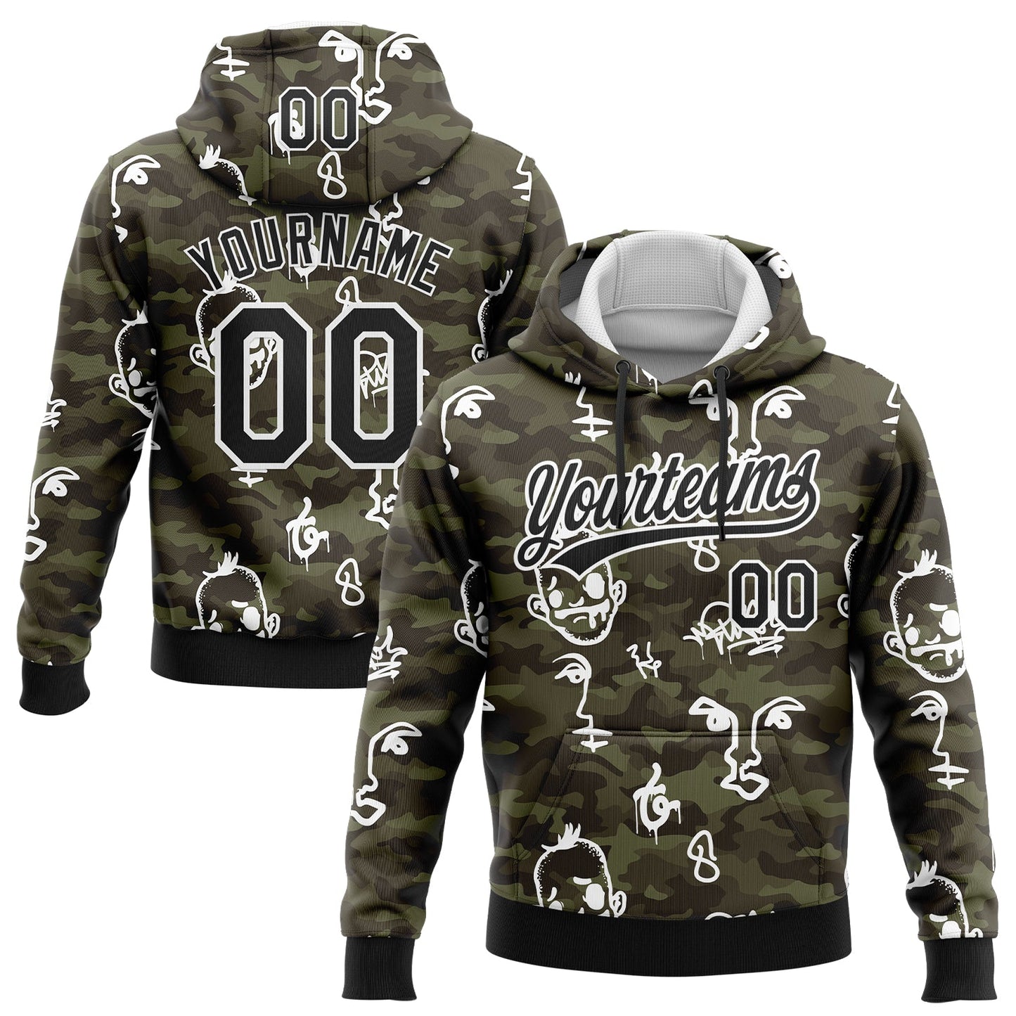 Custom Stitched Camo Black-White 3D Hand Painted Face Sports Pullover Sweatshirt Salute To Service Hoodie - Main View