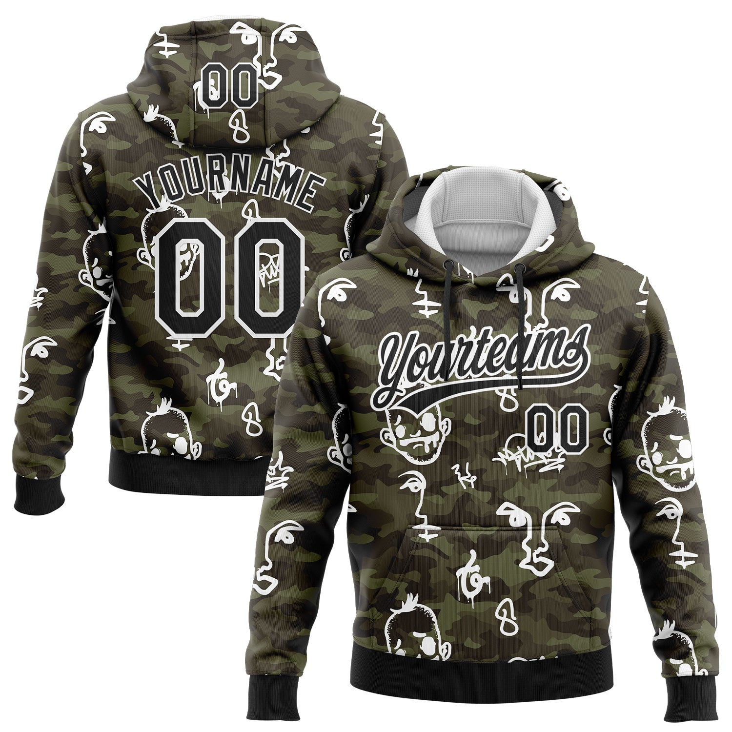 Custom Stitched Camo Black-White 3D Hand Painted Face Sports Pullover Sweatshirt Salute To Service Hoodie - Main View