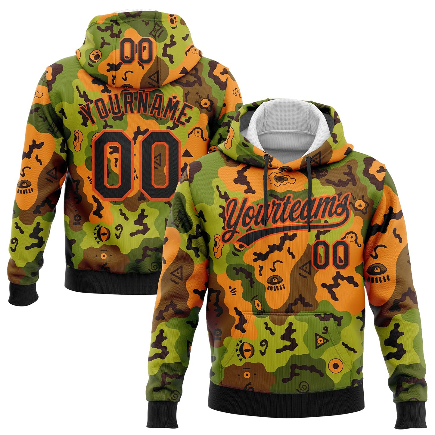 Custom Stitched Camo Black-Orange 3D Funny Faces Sports Pullover Sweatshirt Salute To Service Hoodie - Main View