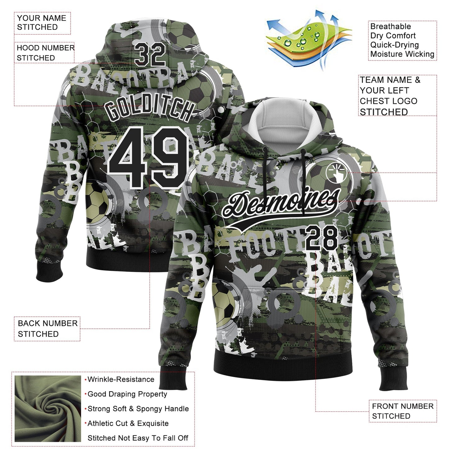 Custom Stitched Camo Black-White 3D Football Sports Pullover Sweatshirt Salute To Service Hoodie view 2
