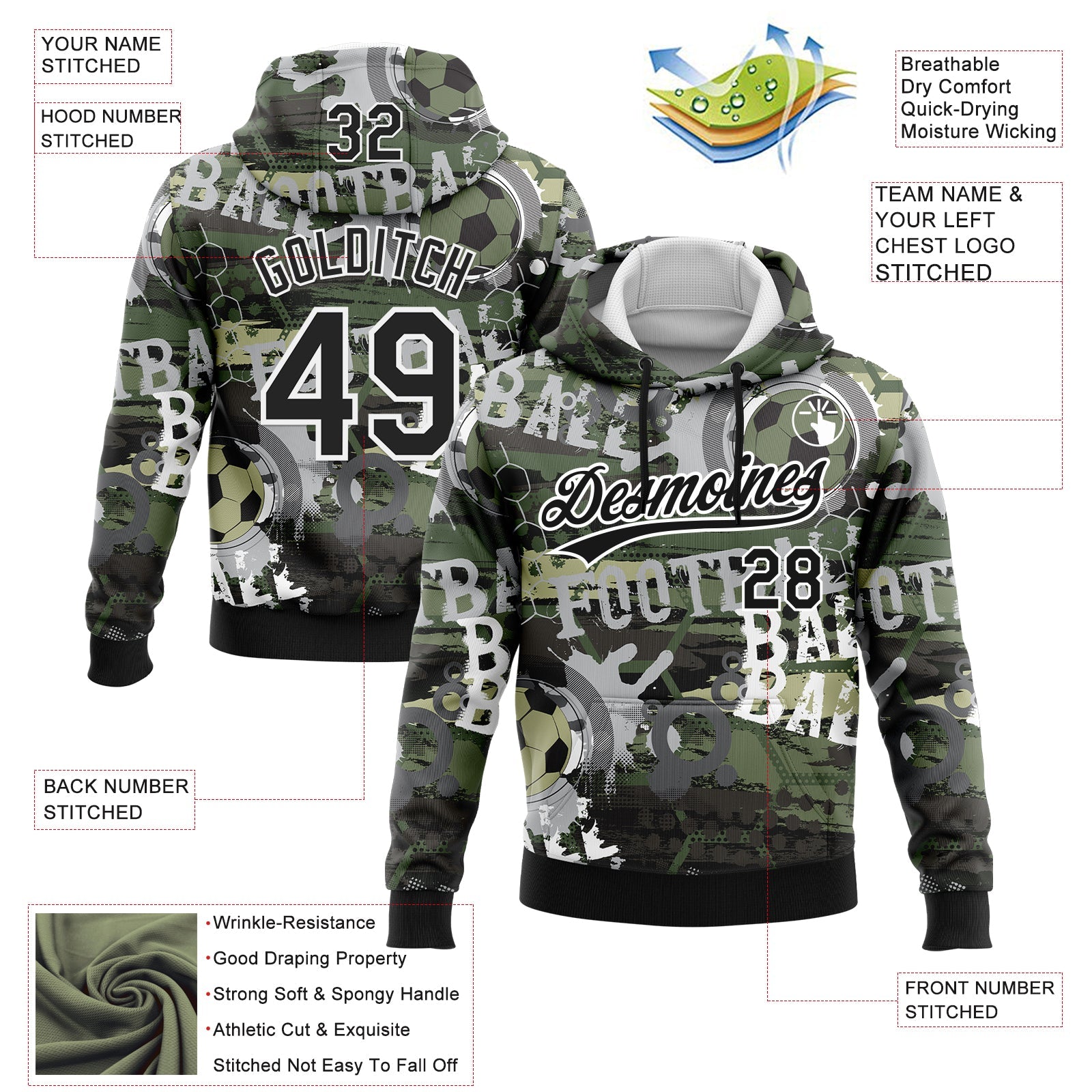 Custom Stitched Camo Black-White 3D Football Sports Pullover Sweatshirt Salute To Service Hoodie view 2
