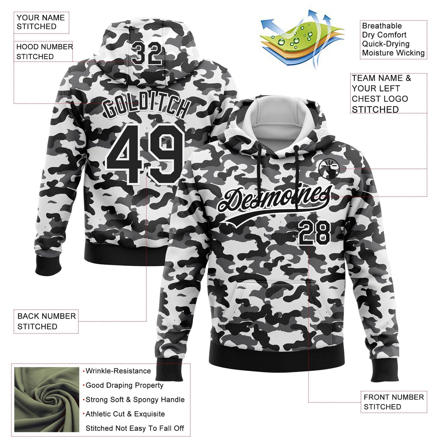 Custom Stitched Camo Black-White 3D Sports Pullover Sweatshirt Salute To Service Hoodie view 2