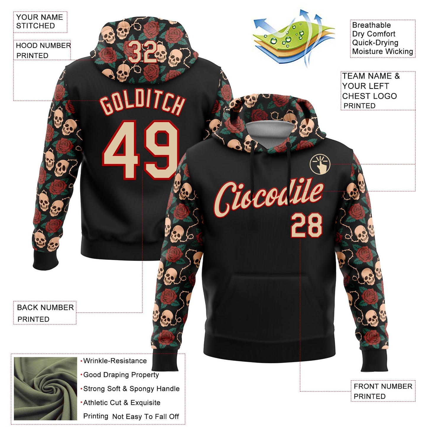 Custom Black City Cream-Red 3D Skull Roses Tattoo Floral Sports Pullover Sweatshirt Hoodie view 2