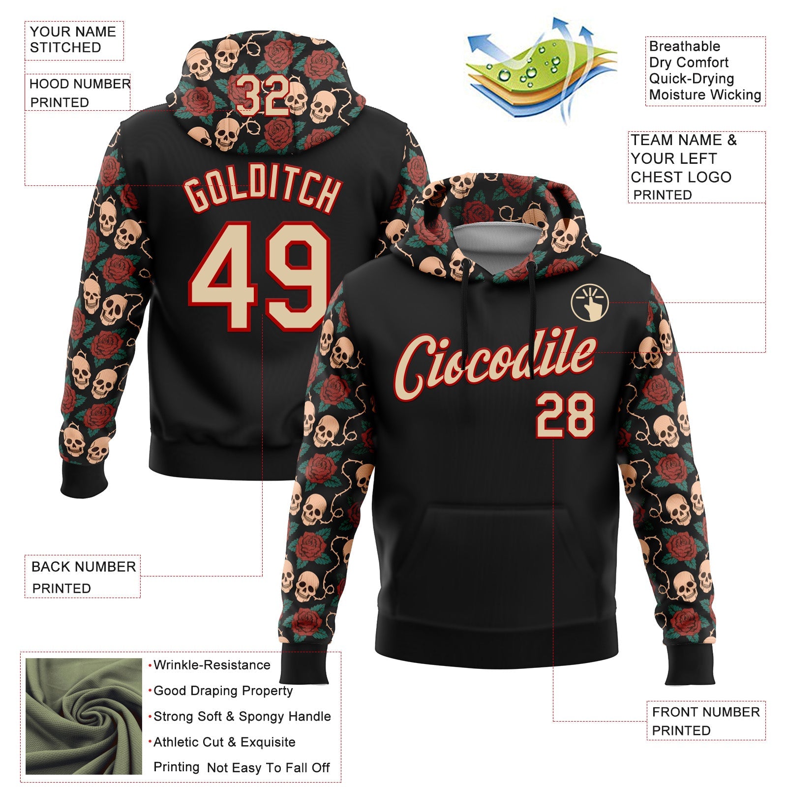 Custom Black City Cream-Red 3D Skull Roses Tattoo Floral Sports Pullover Sweatshirt Hoodie view 2