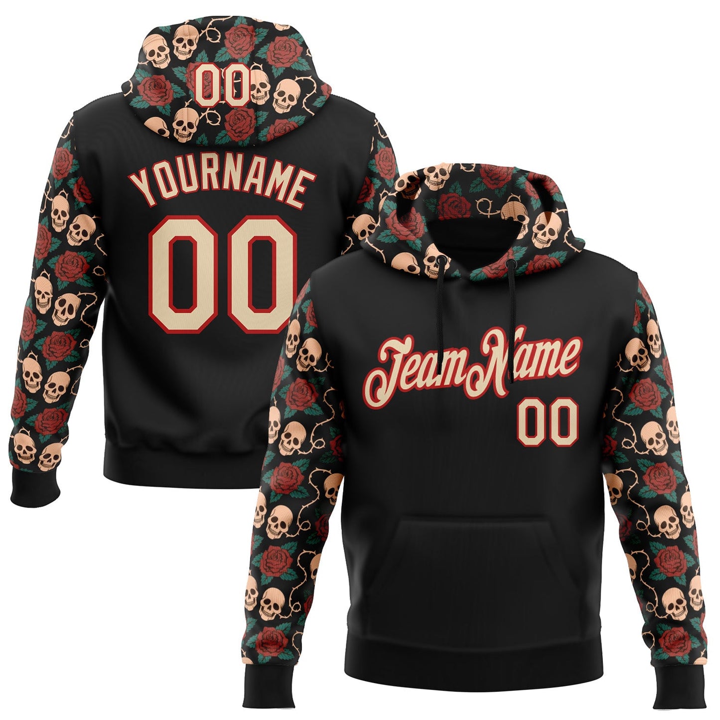 Custom Black City Cream-Red 3D Skull Roses Tattoo Floral Sports Pullover Sweatshirt Hoodie - Main View