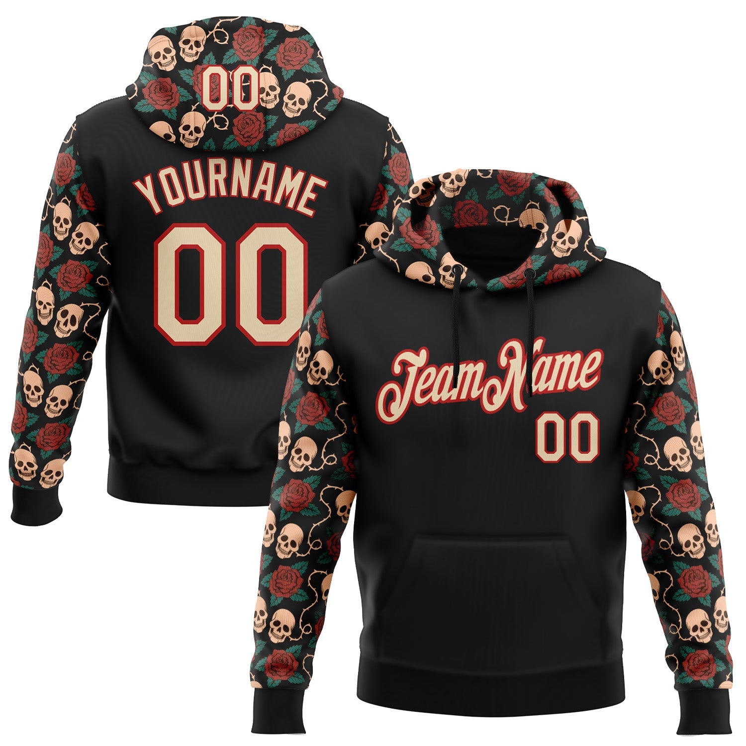 Custom Black City Cream-Red 3D Skull Roses Tattoo Floral Sports Pullover Sweatshirt Hoodie - Main View