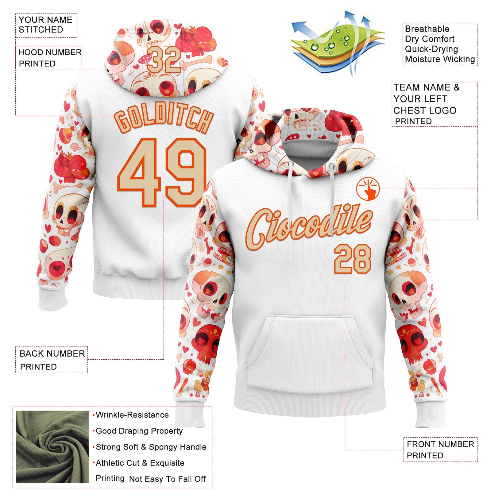 Custom White City Cream-Orange 3D Skull Heart Sports Pullover Sweatshirt Hoodie view 2