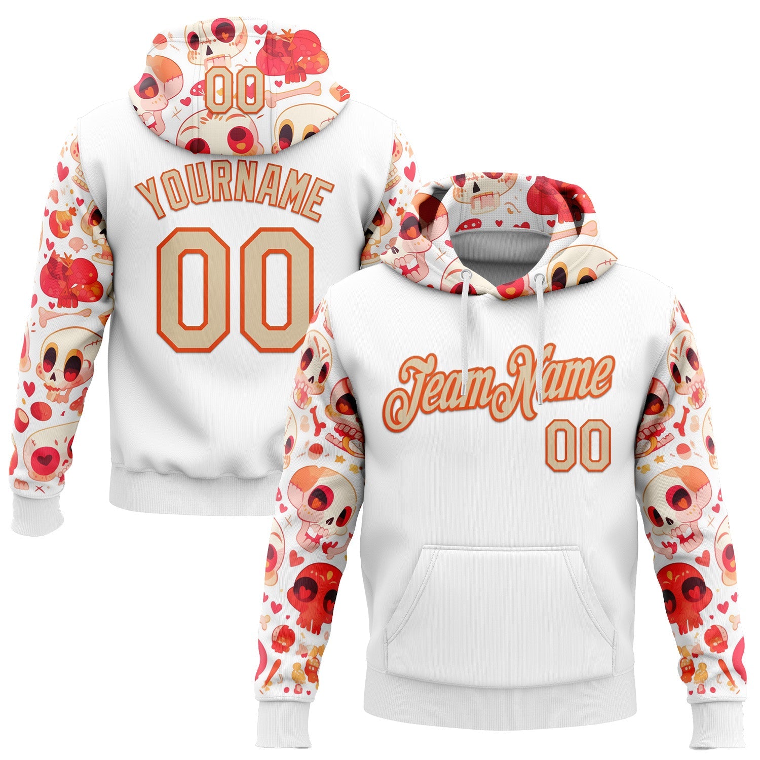 Custom White City Cream-Orange 3D Skull Heart Sports Pullover Sweatshirt Hoodie - Main View