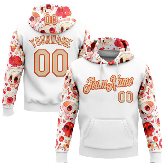 Custom White City Cream-Orange 3D Skull Heart Sports Pullover Sweatshirt Hoodie - Main View