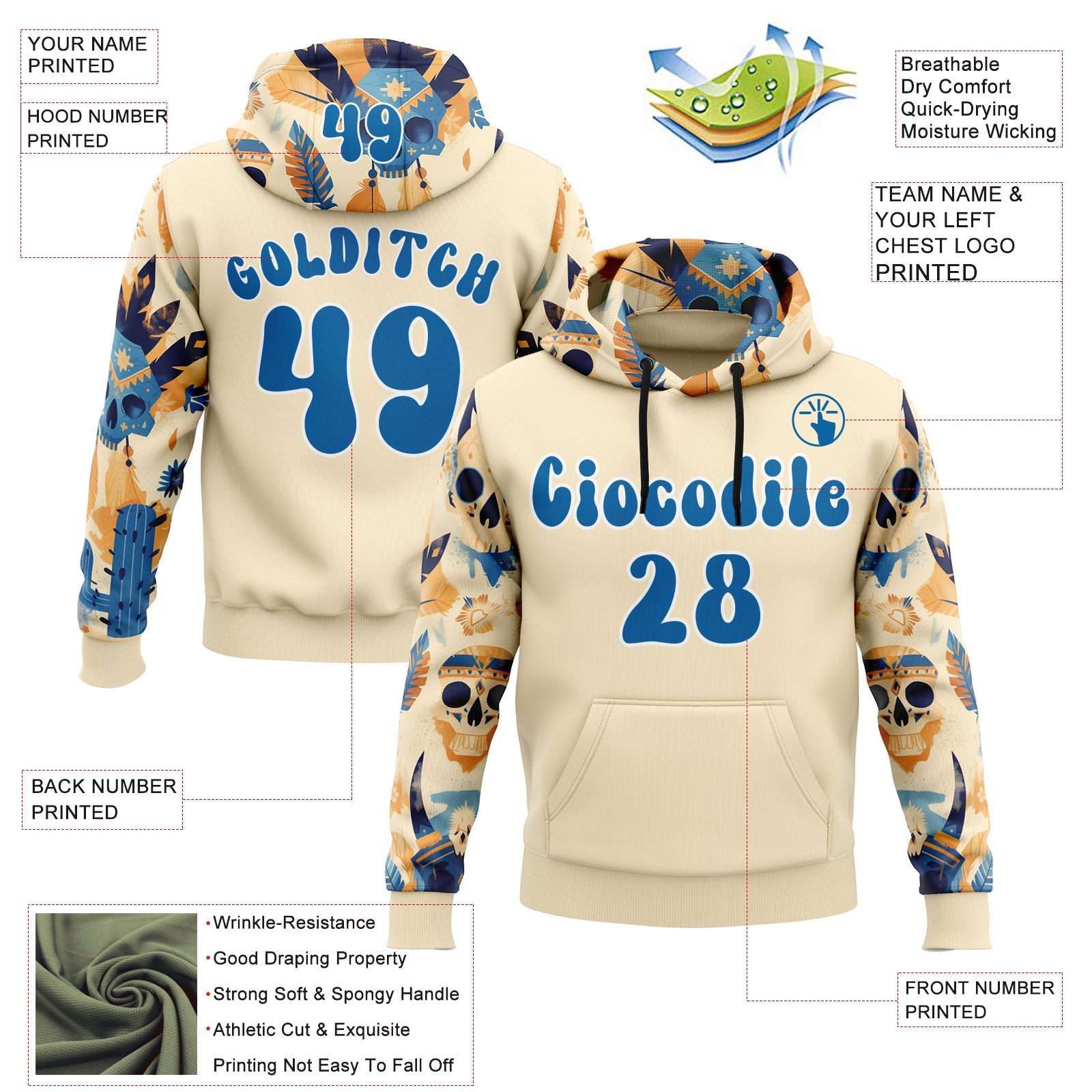 Custom City Cream Blue-White 3D Skull Chief Tribal Sports Pullover Sweatshirt Hoodie view 2