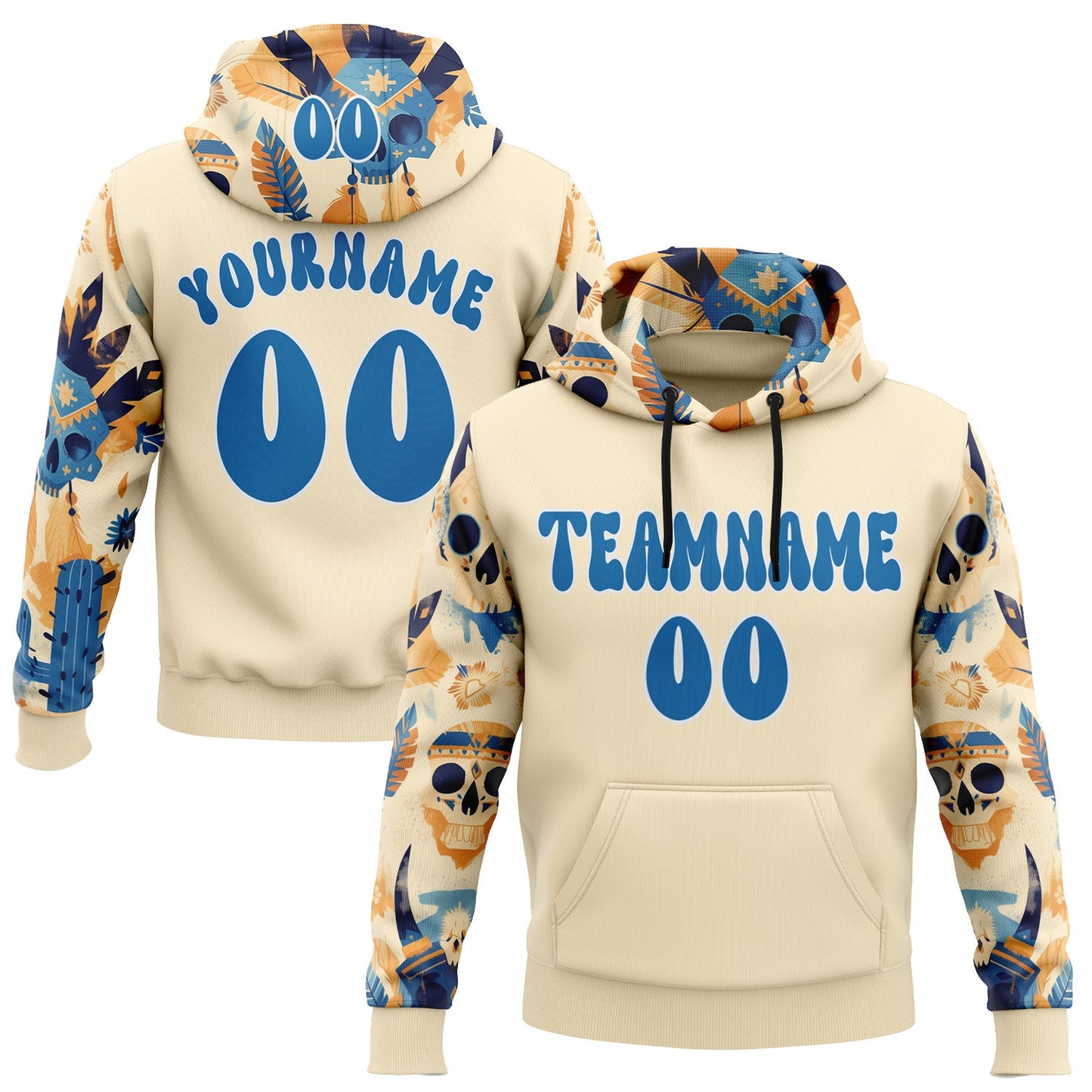 Custom City Cream Blue-White 3D Skull Chief Tribal Sports Pullover Sweatshirt Hoodie - Main View