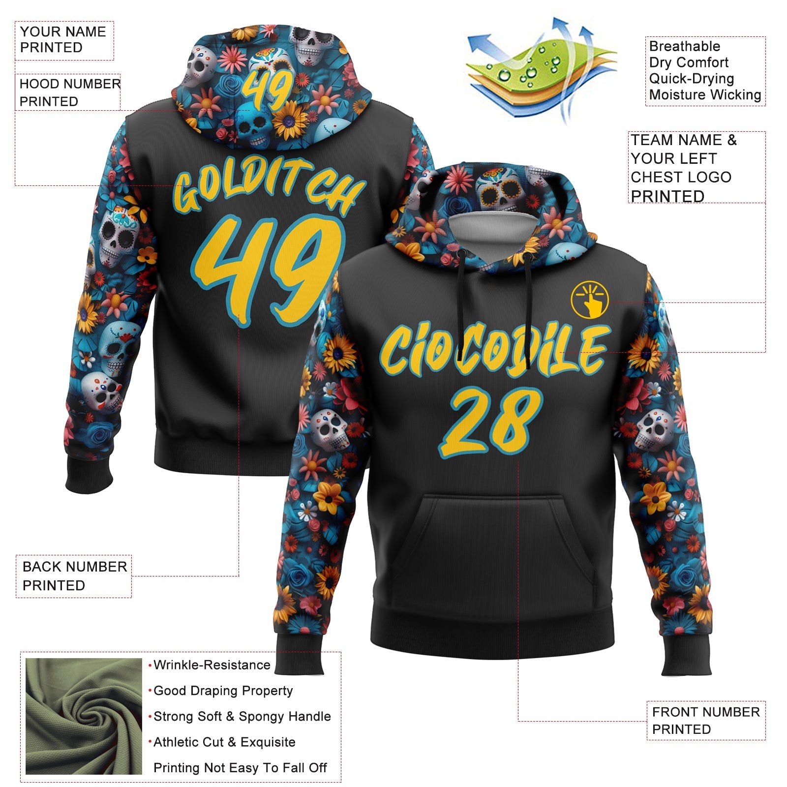 Custom Black Yellow-Panther Blue 3D Skull Calavera Day Of The Dead Dia de los Muertos Sports Pullover Sweatshirt Hoodie view 2