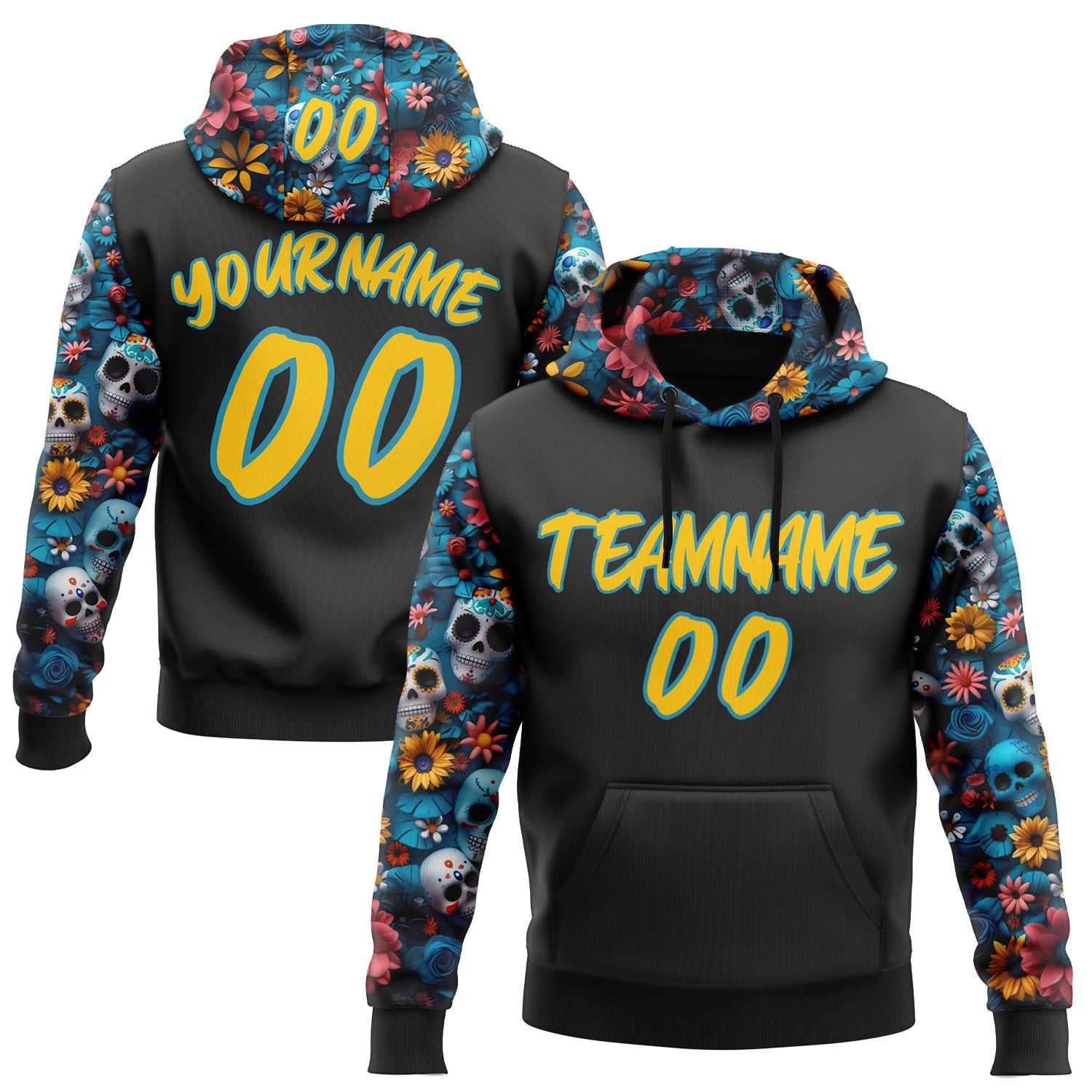 Custom Black Yellow-Panther Blue 3D Skull Calavera Day Of The Dead Dia de los Muertos Sports Pullover Sweatshirt Hoodie - Main View