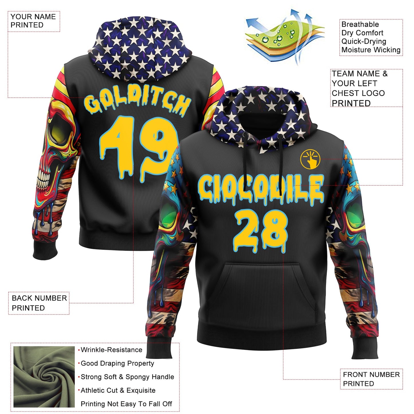 Custom Black Yellow-Sky Blue 3D Skull American Flag Inspired Graffiti Sports Pullover Sweatshirt Hoodie view 2